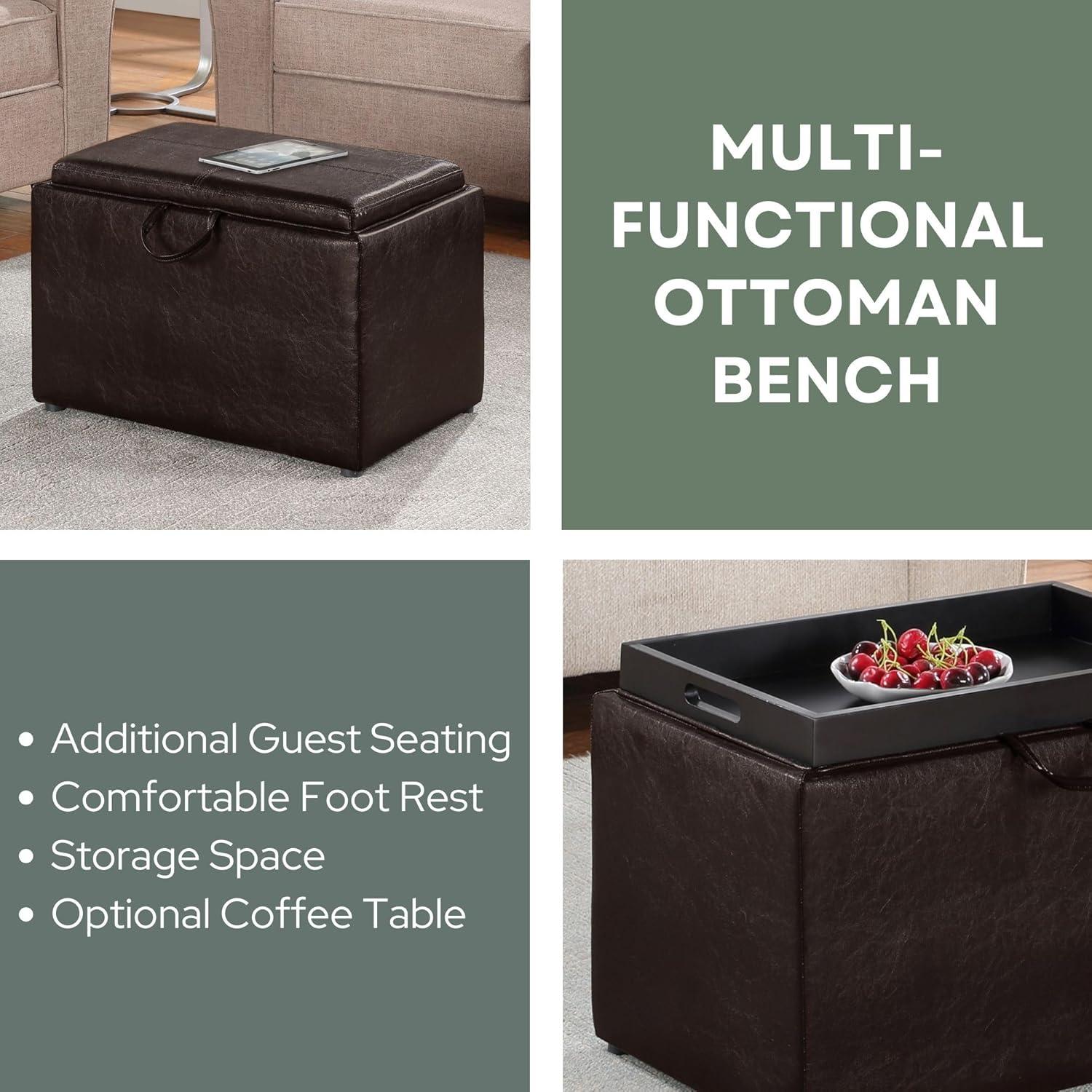 Designs4Comfort Accent Storage Ottoman in Espresso Faux Leather With Tray