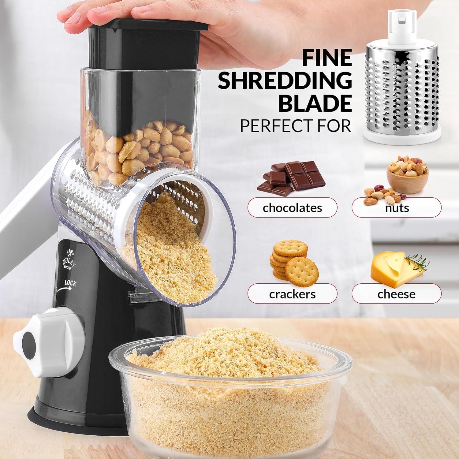 Deluxe Black Rotary Cheese Grater with 3 Stainless Steel Blades