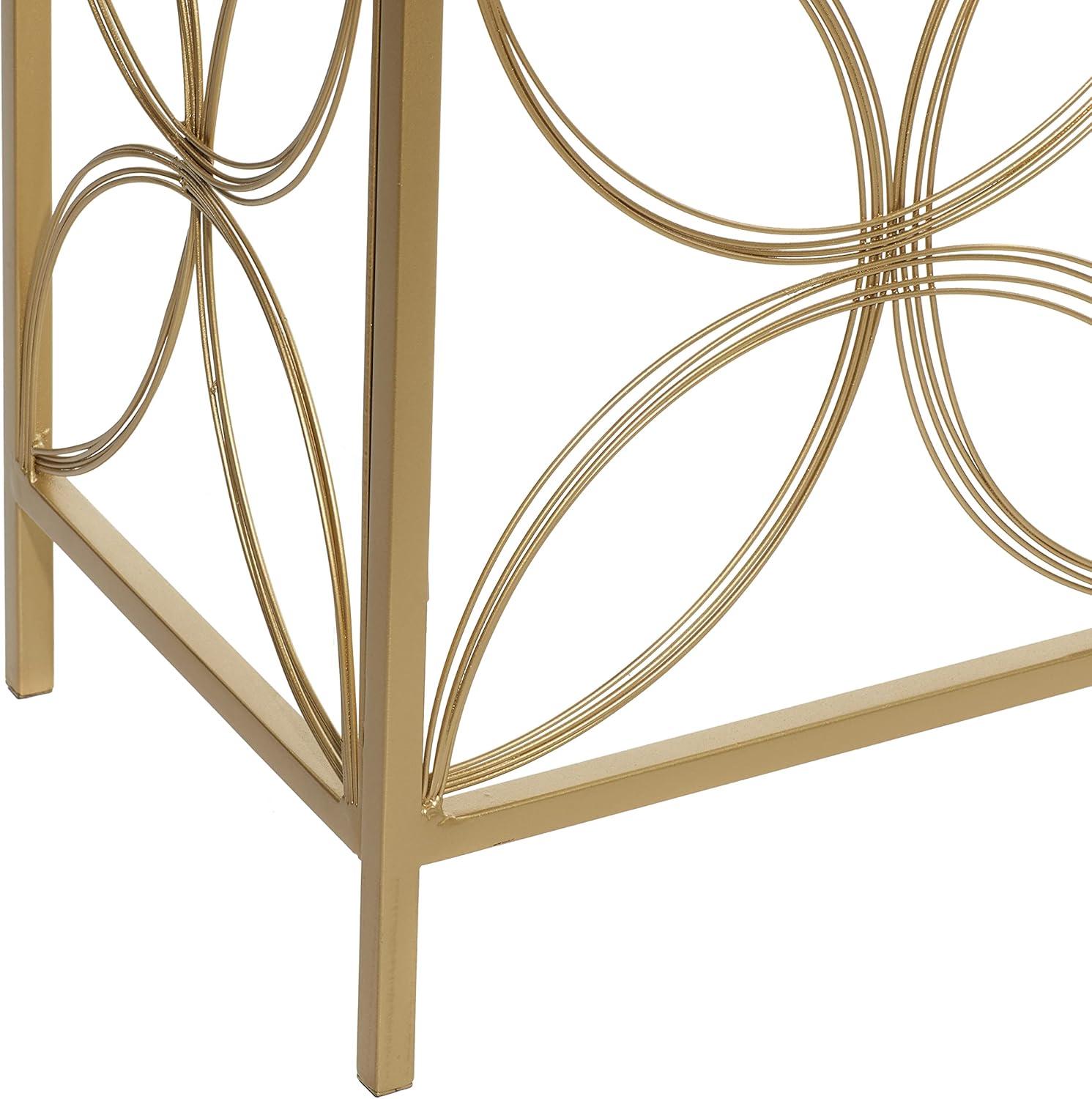 DecMode 42" x 32" Gold Metal Open Style Quatrefoil Frame Geometric Console Table with Mirrored Top, 1-Piece