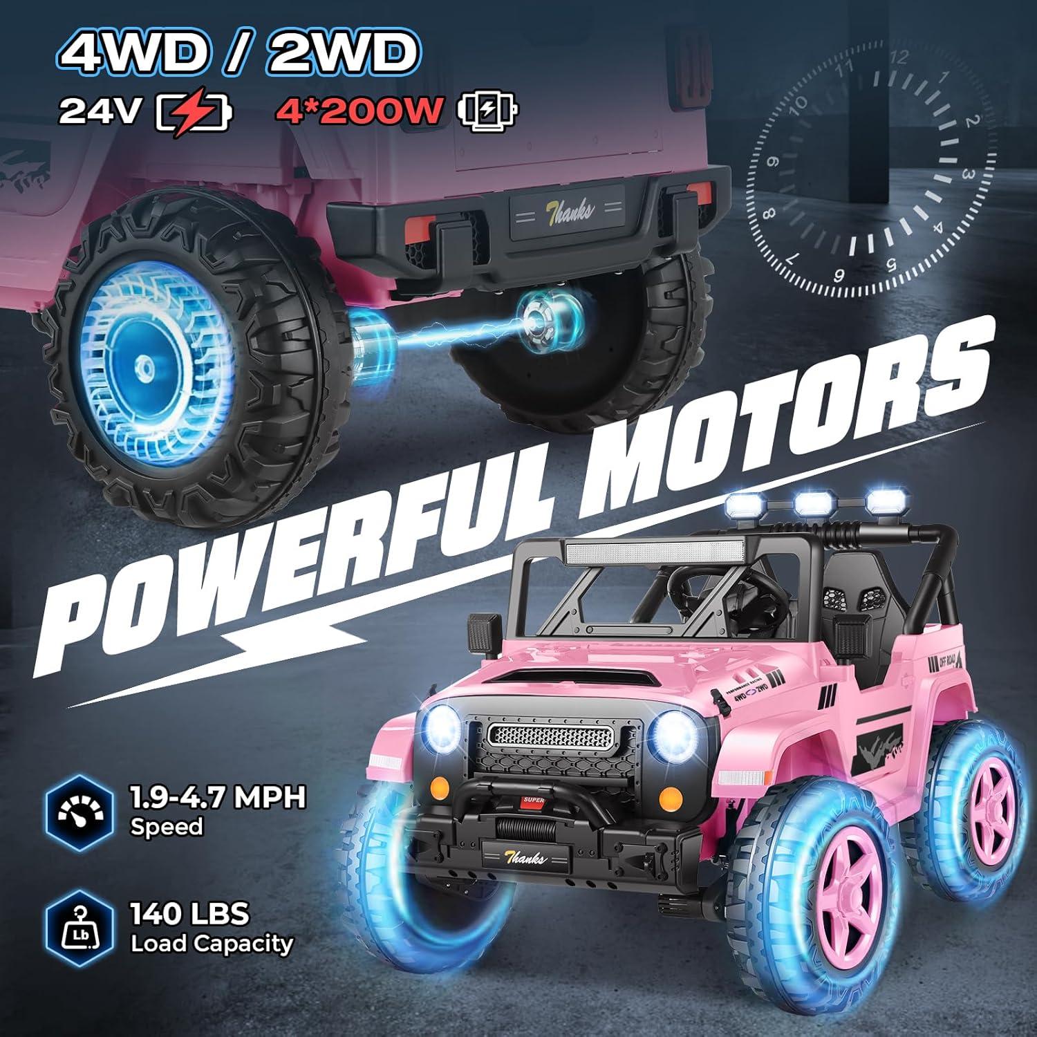 Ancheer 24V 4WD//2WD Ride On Jeep Truck,2 Seater Kids UTV With 4X200w Powerful Engine,Remote Control,Bluetooth,20 Wide Seat,Vehicles for Kids Toddlers