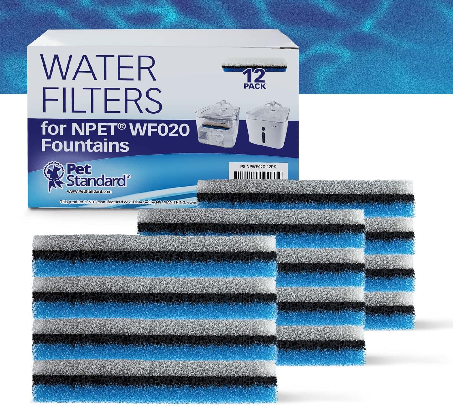 PET STANDARD Premium Water Filter Compatible with NPET® WF020 Water Fountain. Rectangular-Shaped, Washable Pet Fountain Filters with Triple Filtration System, Pack of 12  [Compatibility] PET STANDARD