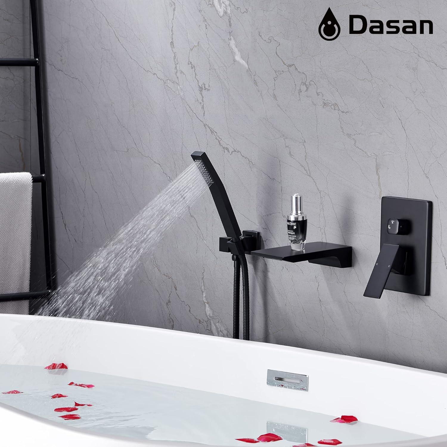 Airuida Wall Mount Tub Faucet with Waterfall Tub Spout Wall Mounted Bathtub Faucet with Handheld Shower Single Handle Tub Filler Shower Faucet Set with Rough-in valve Straight Spout Matte Black