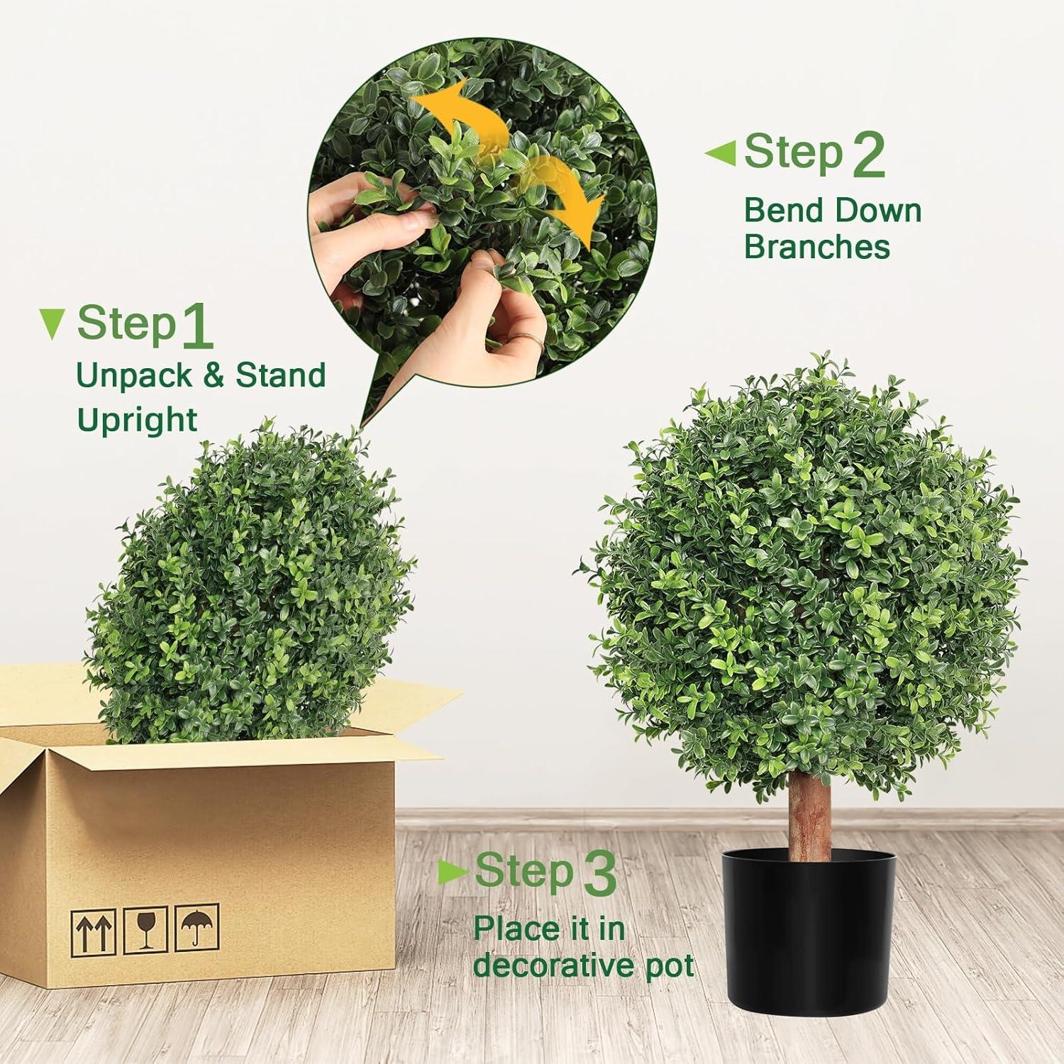 JepoIA Artificial Boxwood Topiary Tree Set of 2, Artificial UV Resistant Bushes, Faux Potted Tree, Plant in Pot w/Dried Moss, Fake Shrubs for Indoor, Front Porch, Outdoor, w/Orange Flower