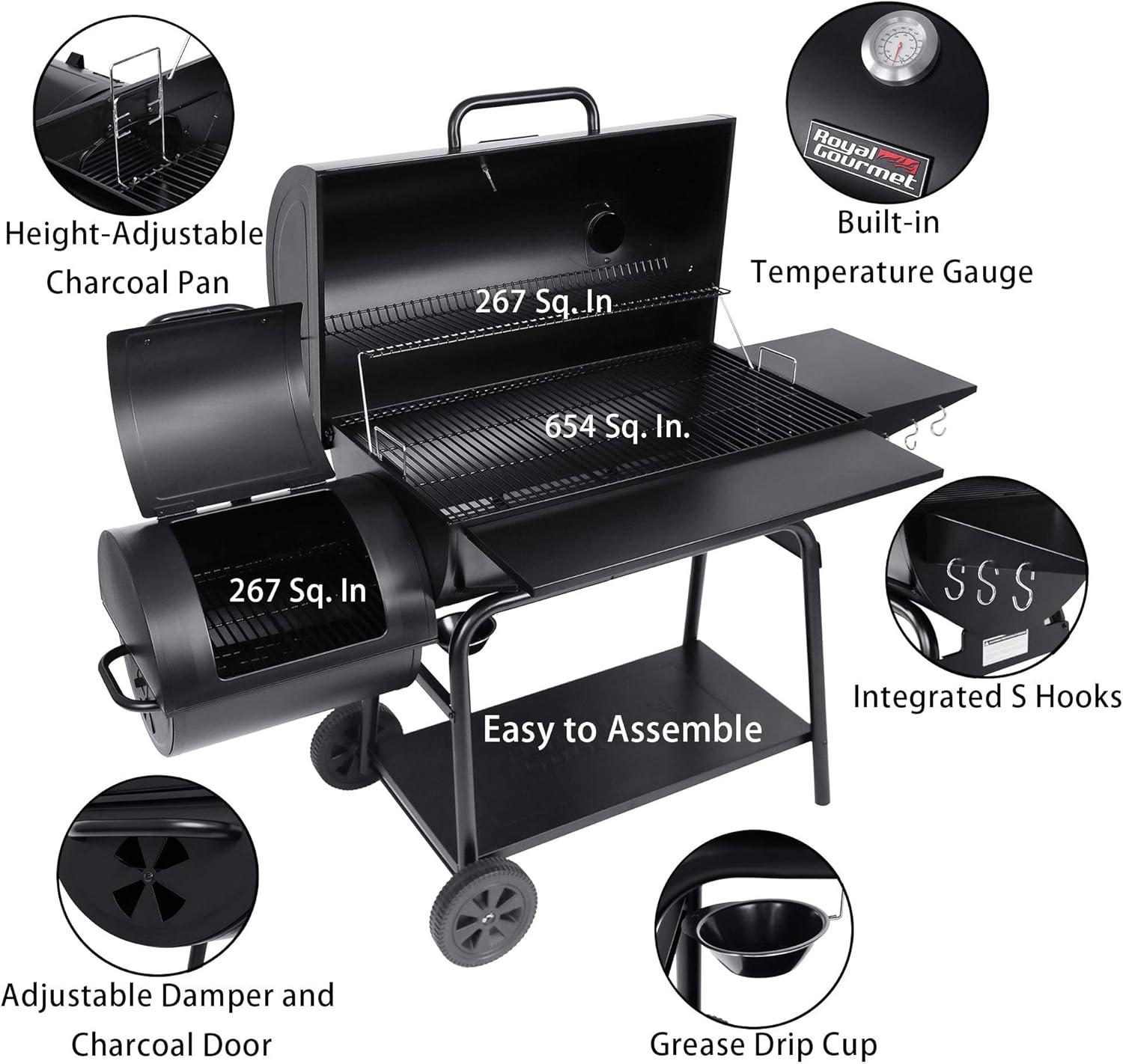 Royal Gourmet Black Steel Charcoal Grill with Offset Smoker