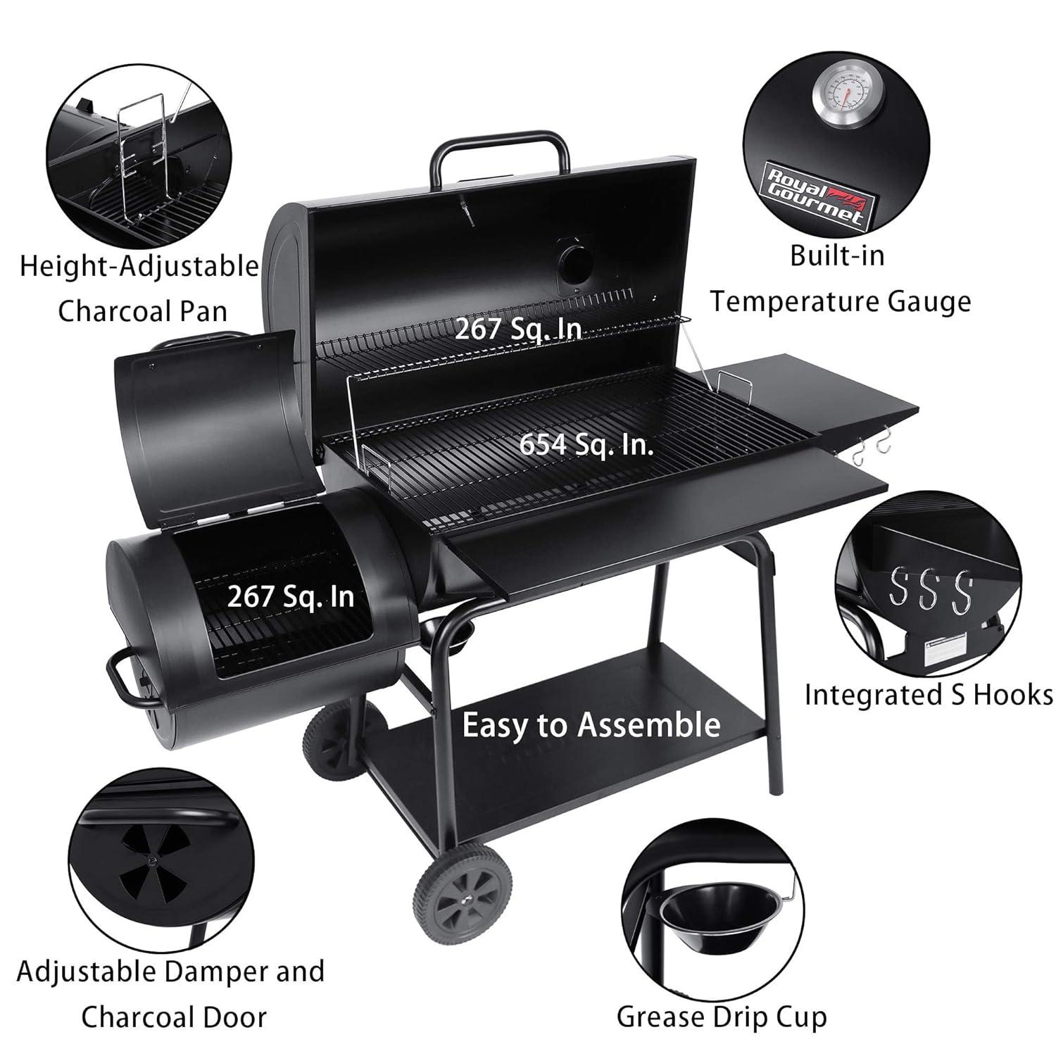Royal Gourmet Black Steel Charcoal Grill with Offset Smoker