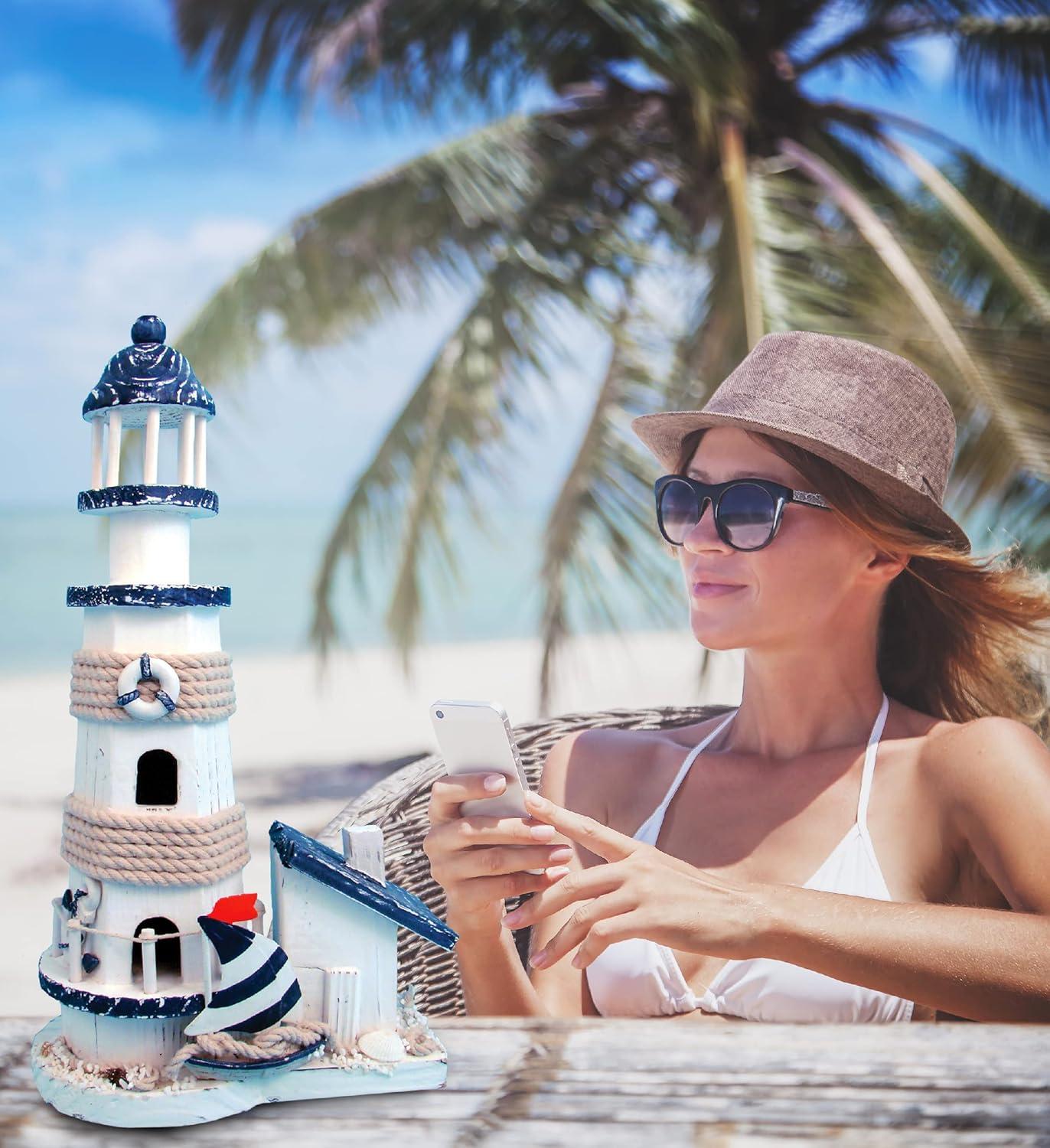 CoTa Global Ocean Blue Lighthouse Decor - Handmade and Crafted Wooden Lighthouse Decoration with Sailboat Figure Decorative Beach Style Tabletop Centerpiece, Nautical Themed Home Decor – 13.5 Inch