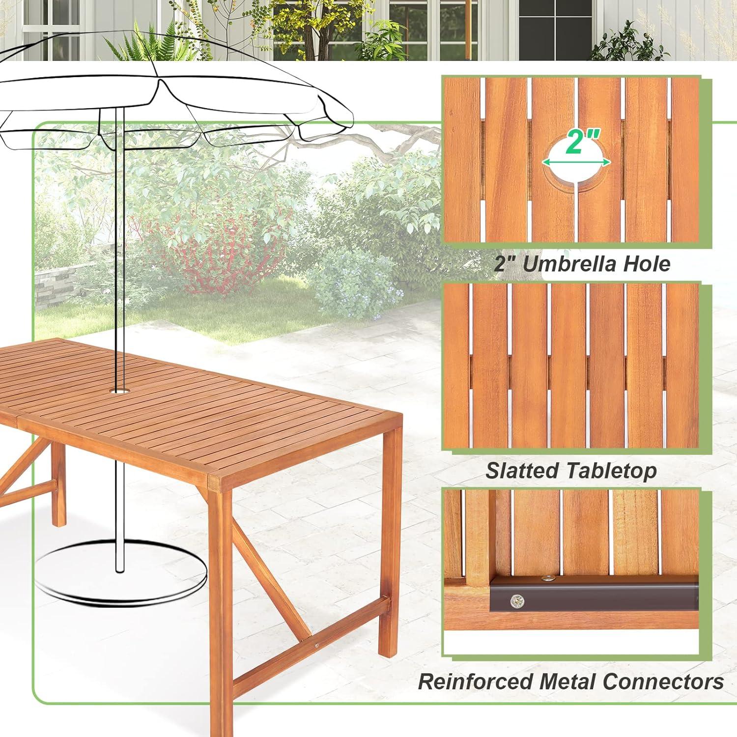 Tangkula Rectangular Acacia Wood Dining Table 4-6 Person Patio 2" Umbrella Hole Natural