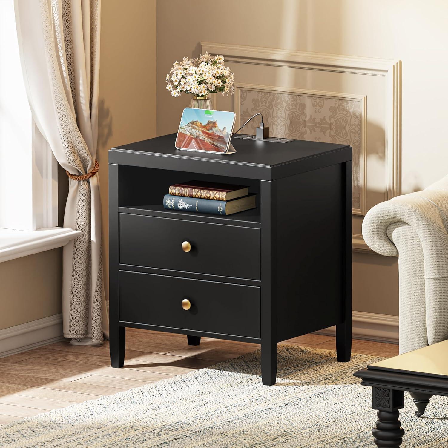 Black Modern Nightstand with USB Ports and 2 Drawers