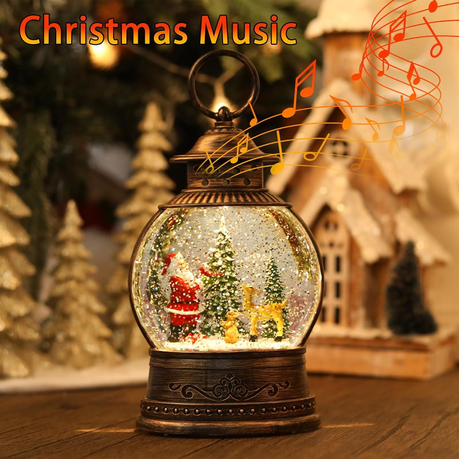 Vintage Brass Musical Santa Christmas Snow Globe Lantern