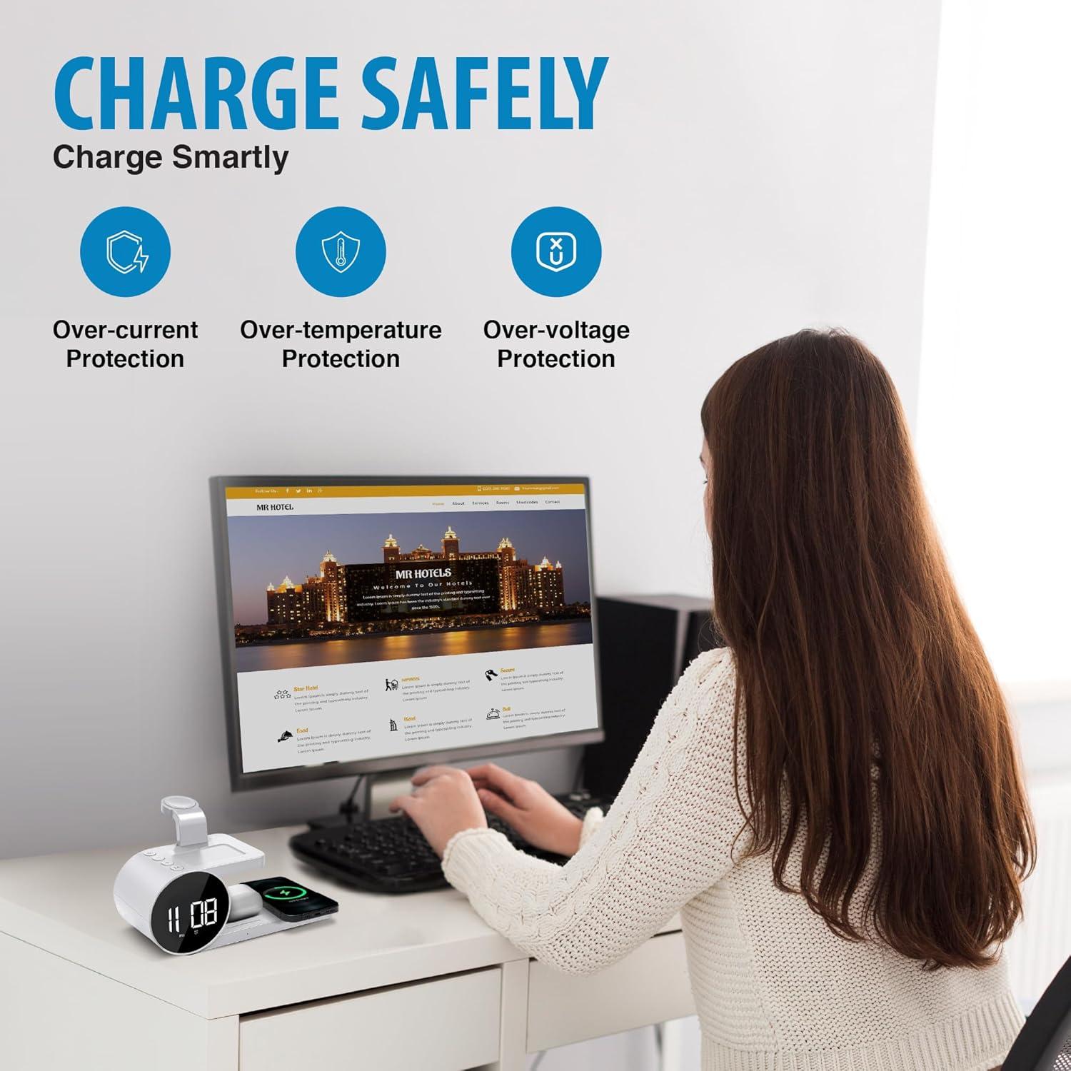 Brookstone 4-in-1 Wireless Charging Station: Stylish | Compatible for iPhone 15,14,13,12 Pro Max Series, All iWatch Series, Compatible with Airpods 3,2 Pro| Wireless Charging Station with Clock.