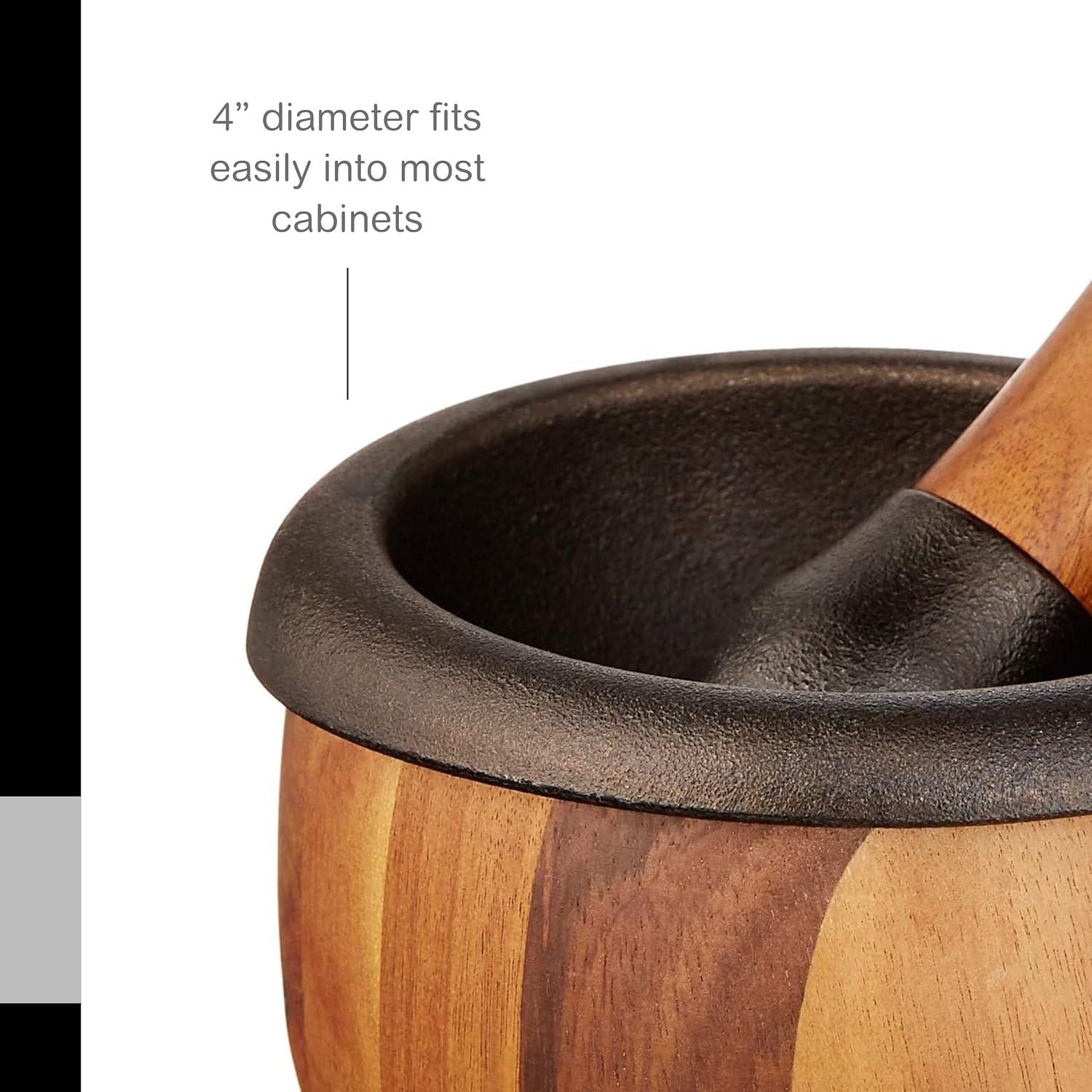 AdHoc Crush Cast Iron and Acacia Wood Mortar & Pestle, Brown & Black 5"