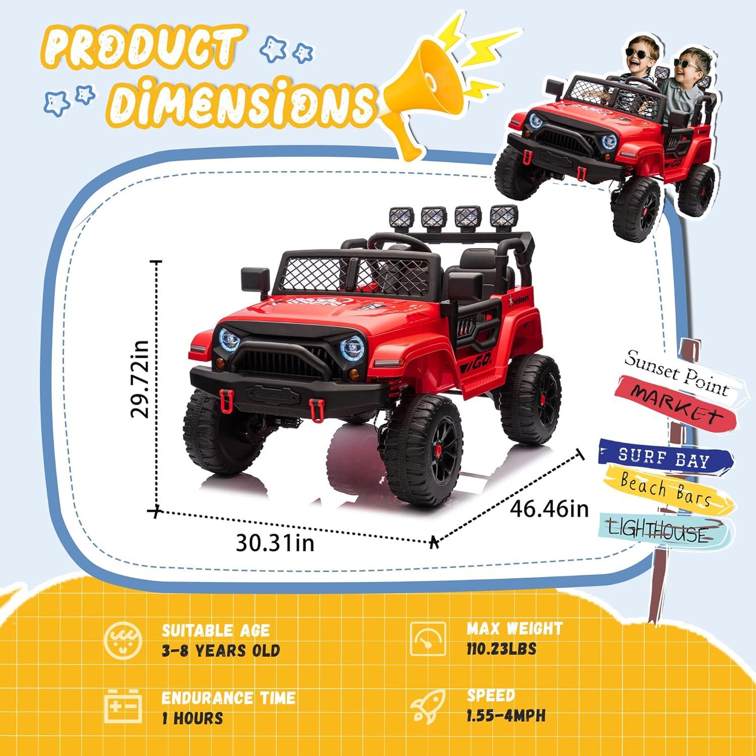 Farmdex 24 Volt Ride on Toys 2 Seater 4WD Ride on Cars with Remote Control, Electric Car for Kids w/ 4x100W, Power Car Wheels for Boys Girls, Kids Ride on Truck w/ Music, LED Light, Bluetooth, Red