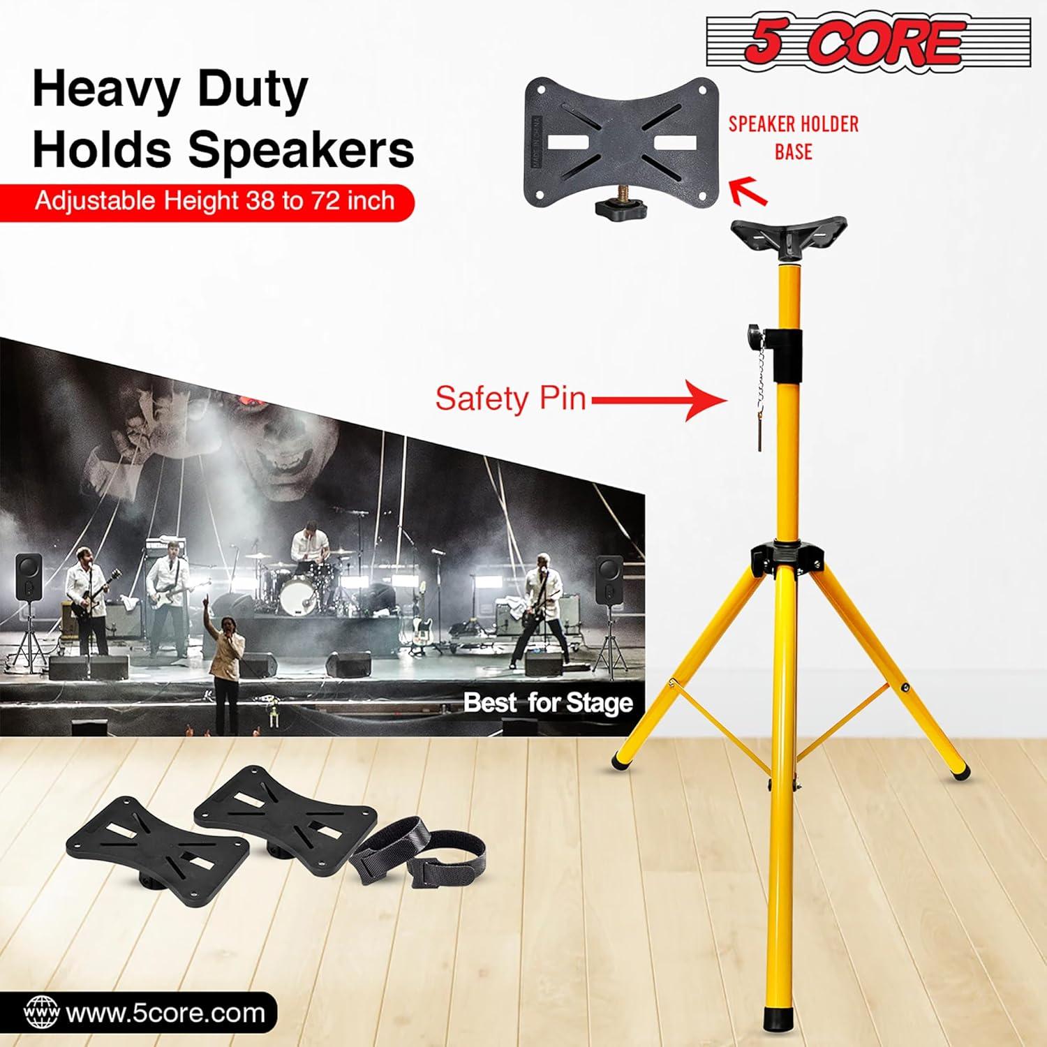 5 Core 2 Professional Speaker Tripod Stand Adjustable Up to 71 inches Heavy Duty Durable Steel, Portable 35mm Compatible Insert Perfect for Home, on stage or in Studio Use Pair - Yellow SS HD 2 PK YLW