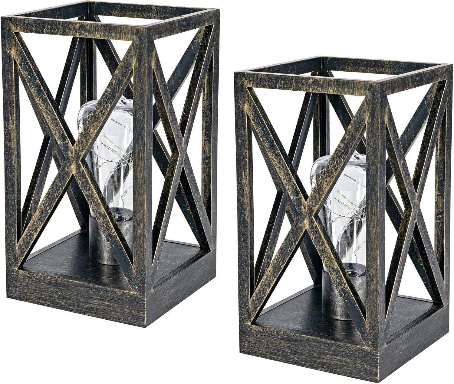 WINGBO 2 Pack Retro Battery Powered Table Lamps, Battery Operated Cordless Lamp Set, Portable Nightlight Decorative Light for Living Room Dining Room Bedroom Entryway Patio, Black & Gold Finish