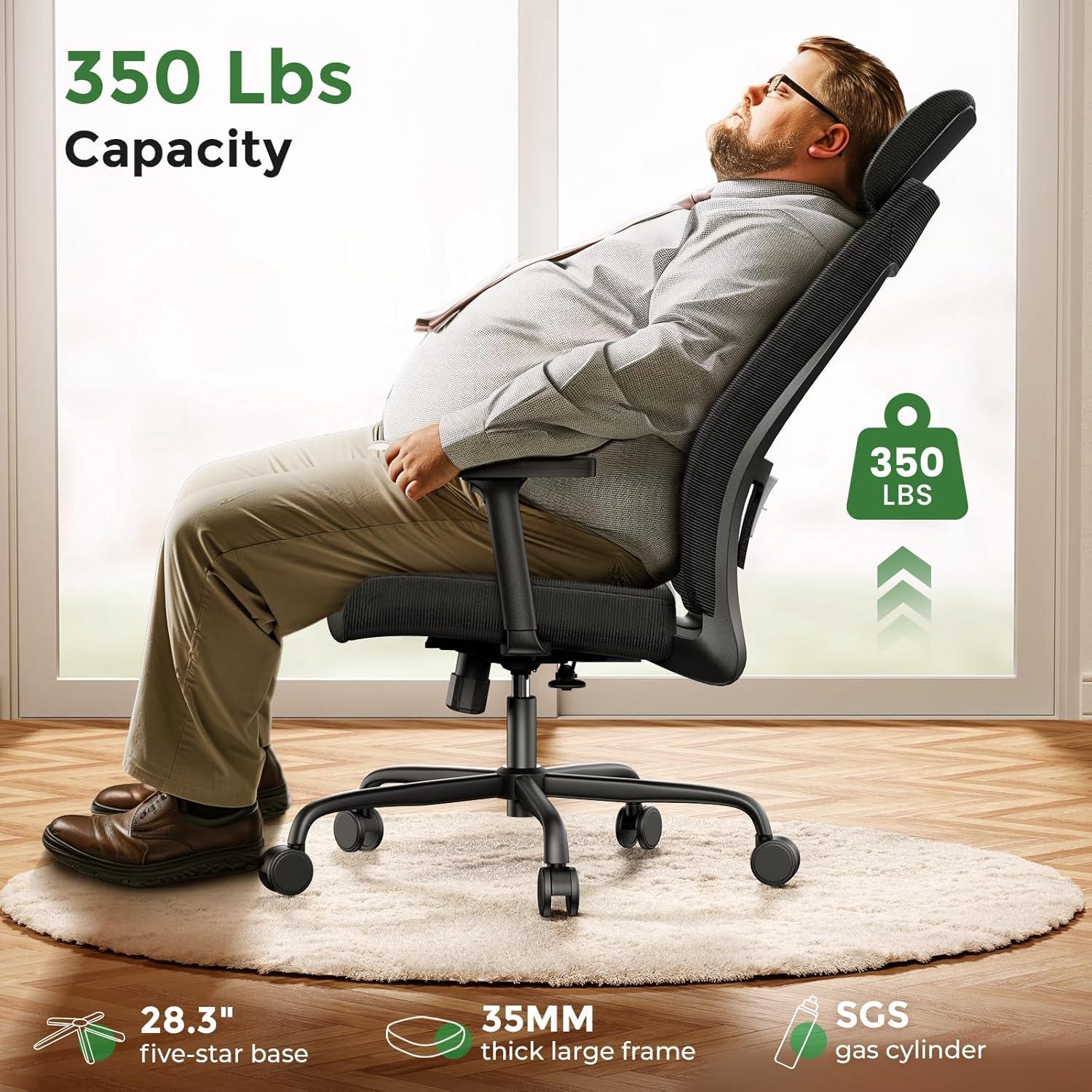 Ergonomic Office Chair 350LBS Capacity - 90-135° Any Angle Tilt Lock High Back Computer Desk Chairs, with Adjustable Lumbar Support, PU Armrests, Big Headrest for All Day Comfortable Sitting