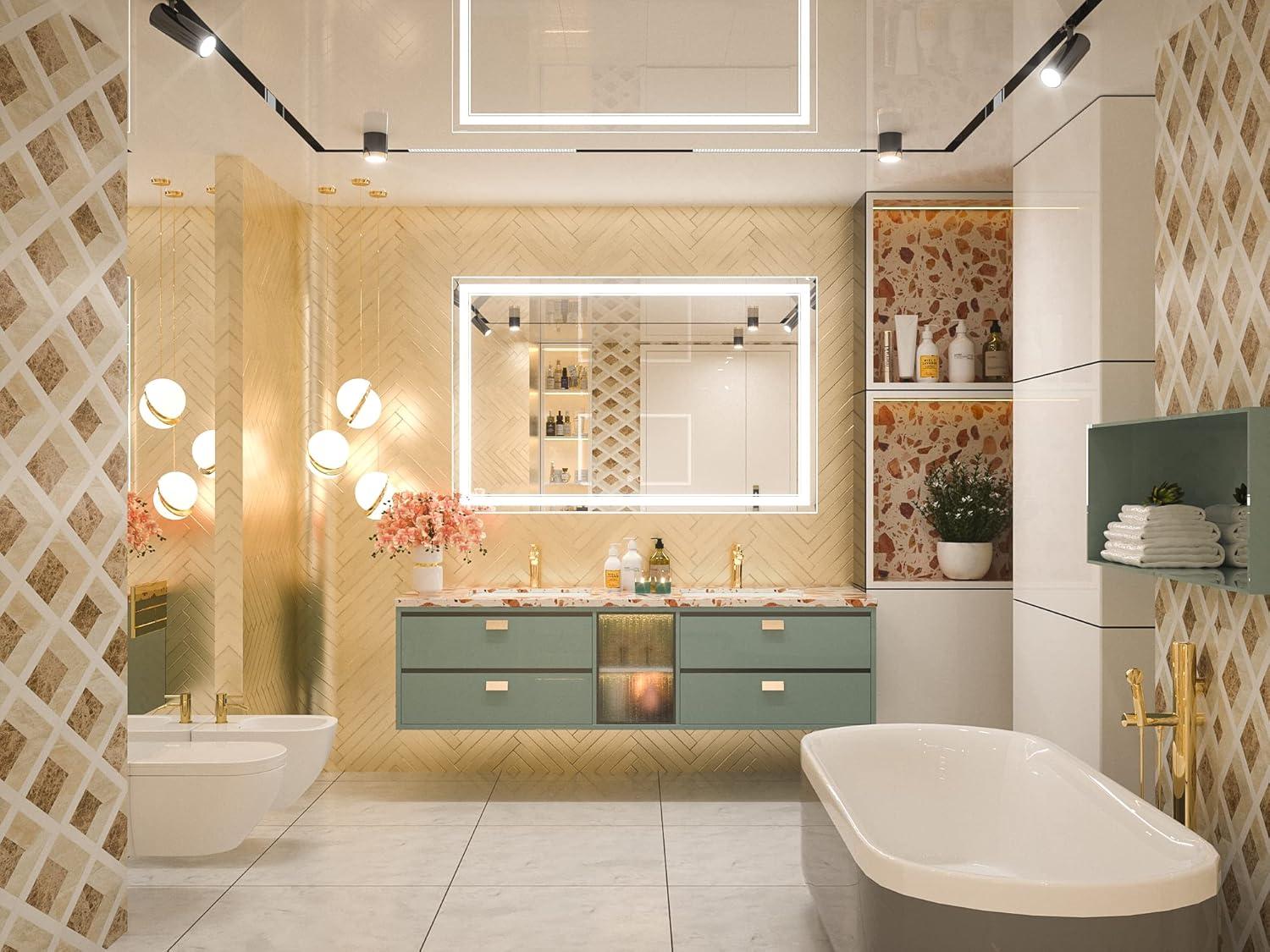 Keonjinn  LED Bathroom Vanity Mirror Wall Mounted Anti-Fog Dimmable Mirror 55X36 Silver