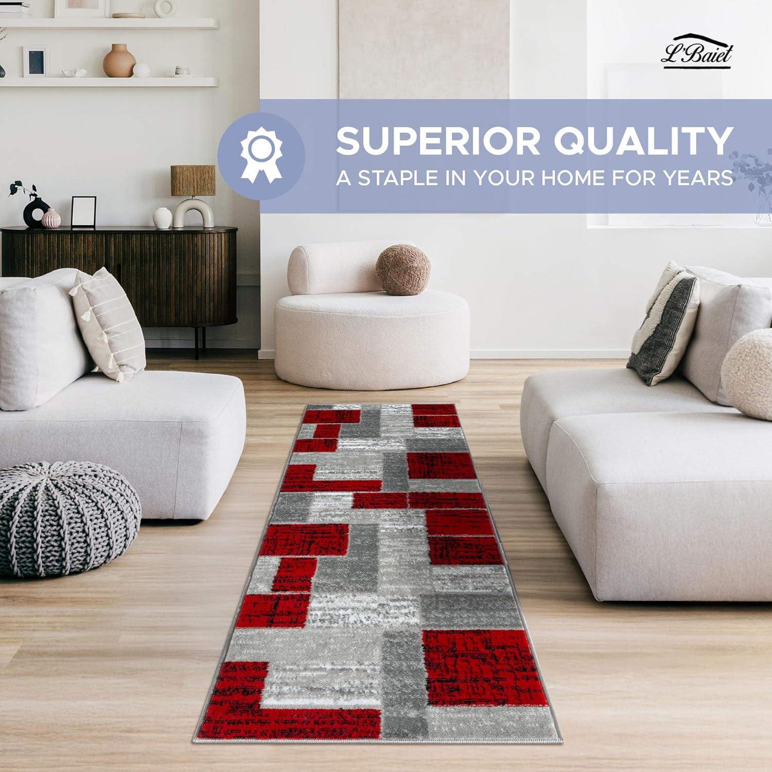 L'Baiet Verena Geometric Area Rug Red Grey 5' x 7' Medium Area Rugs Carpet for Living Room, Bedroom, Dining Table, Office, Hallway, Foyer | Neutral Colorful Modern Abstract Home Decor