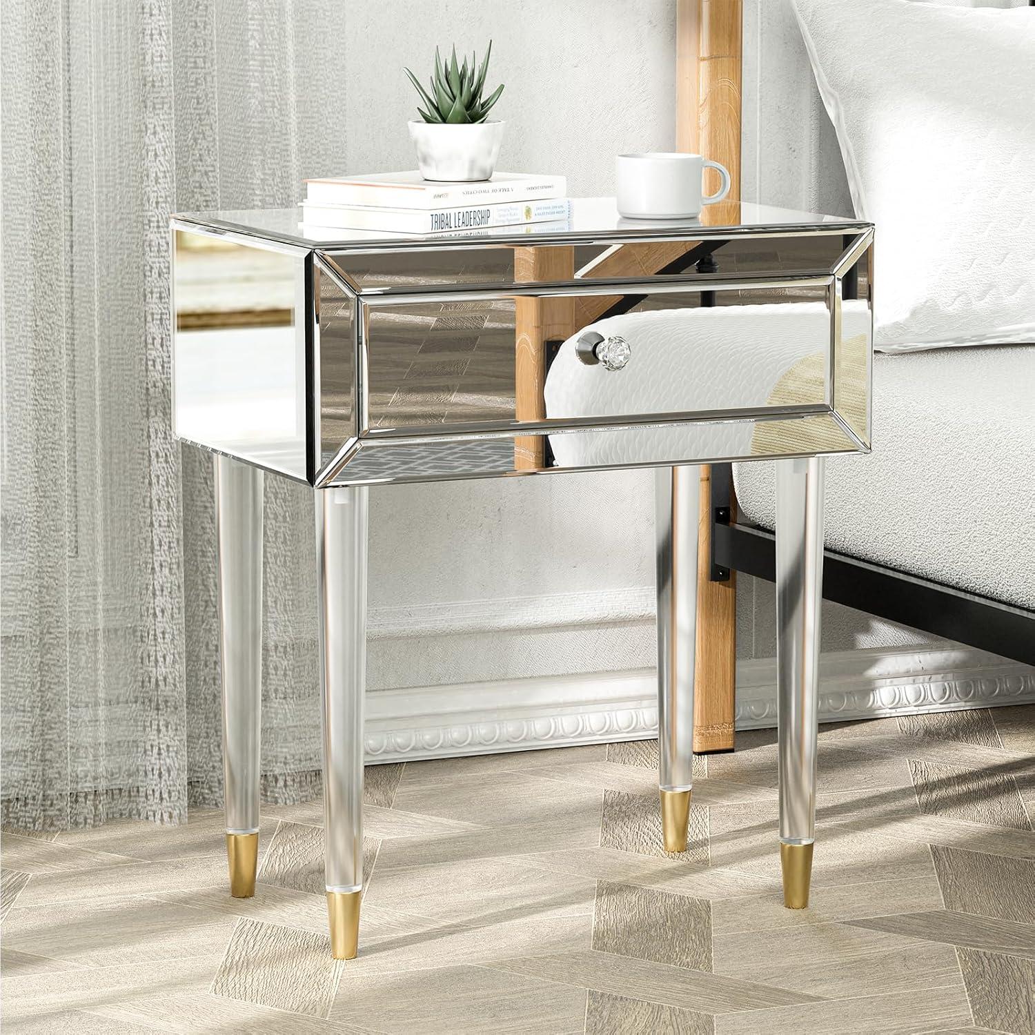 Mirrored Nightstand, Modern End Table with Drawer, Bedside Tables with Acrylic Legs for Bedroom, Living Room, Silver