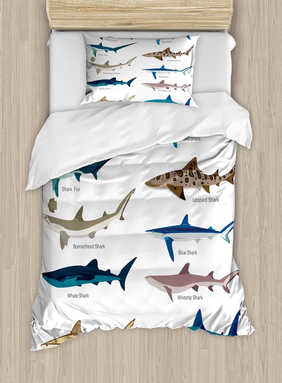 Twin Blue and White Microfiber Shark Duvet Cover Set