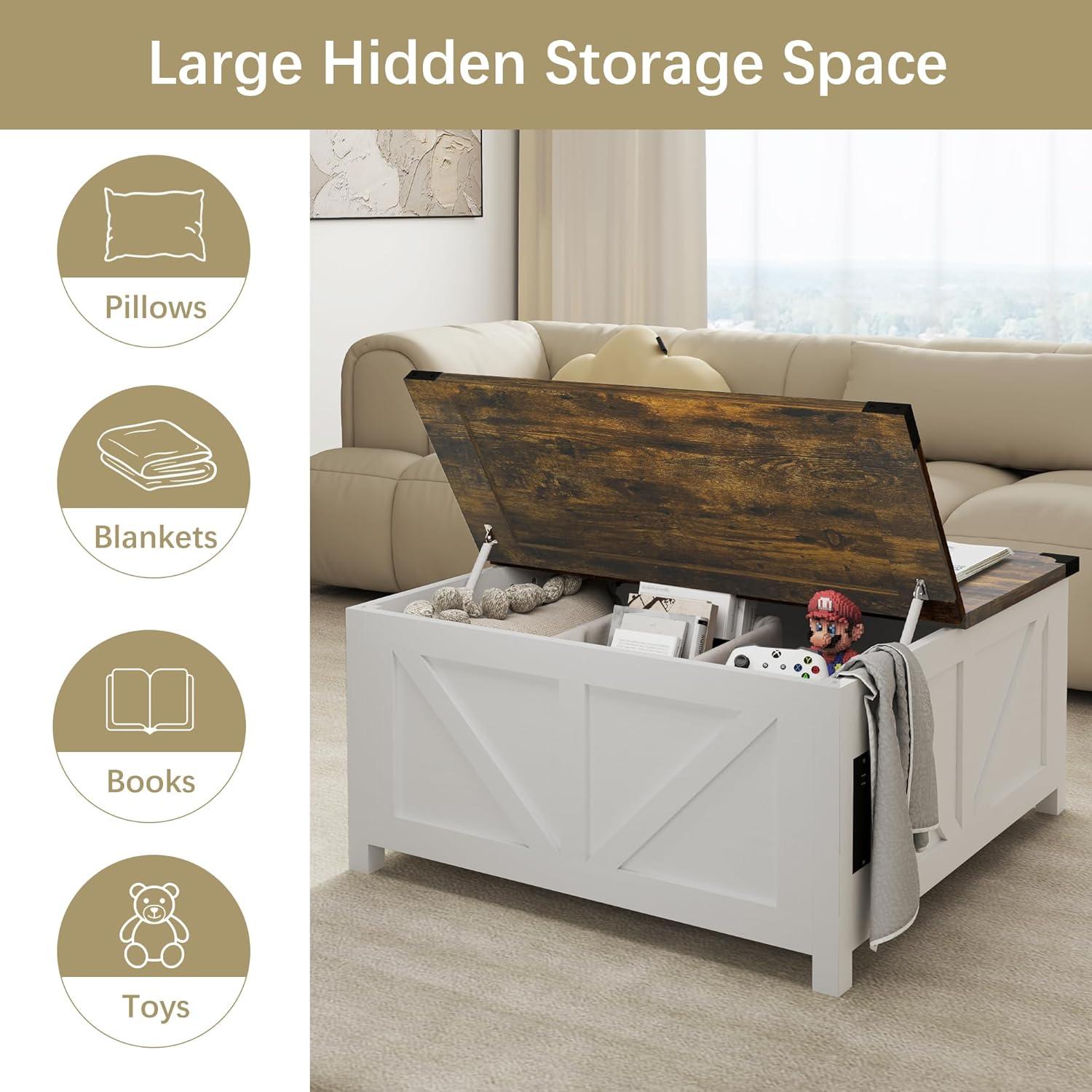 35'' Farmhouse Lift Top Coffee Table, Coffee Table with Storage and Large Hidden Storage, Square Coffee Table with Charging Station&USB Ports