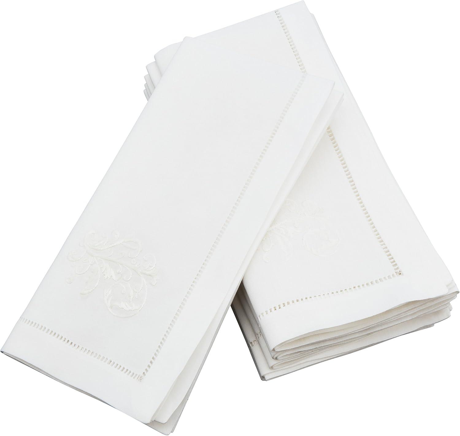 Saro Lifestyle Embr'd White Vine Hemstitch Napkin, 20" Square, White (Set of 6)