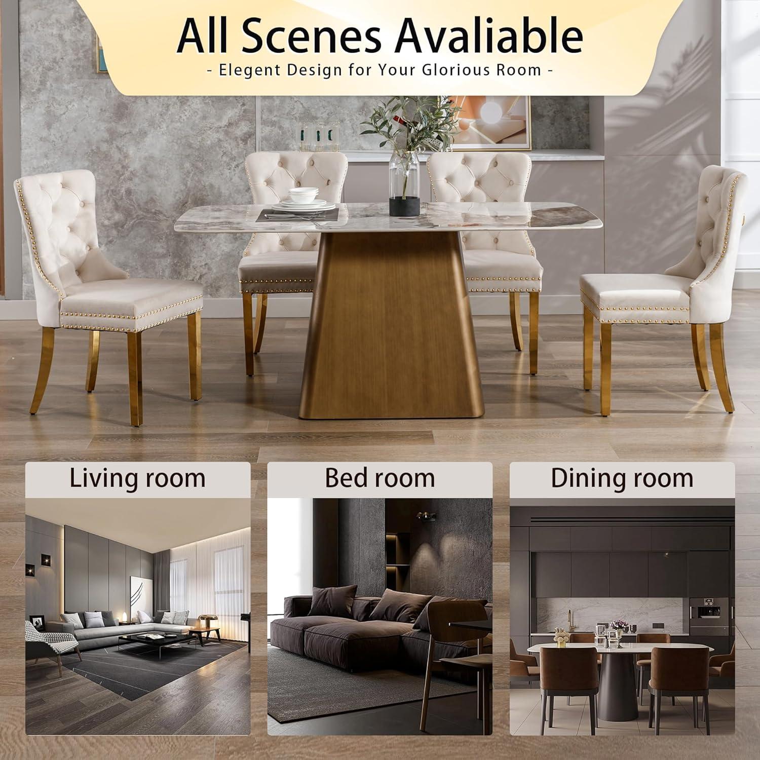 BELLEZE Upholstered Dining Chairs Set of 2, Velvet Luxury Dining Room Chairs with Button Back, Nailhead Trim, Pull-ring, Solid Wood Legs for Kitchen, Living Room, Restaurant - Chandler (Beige)