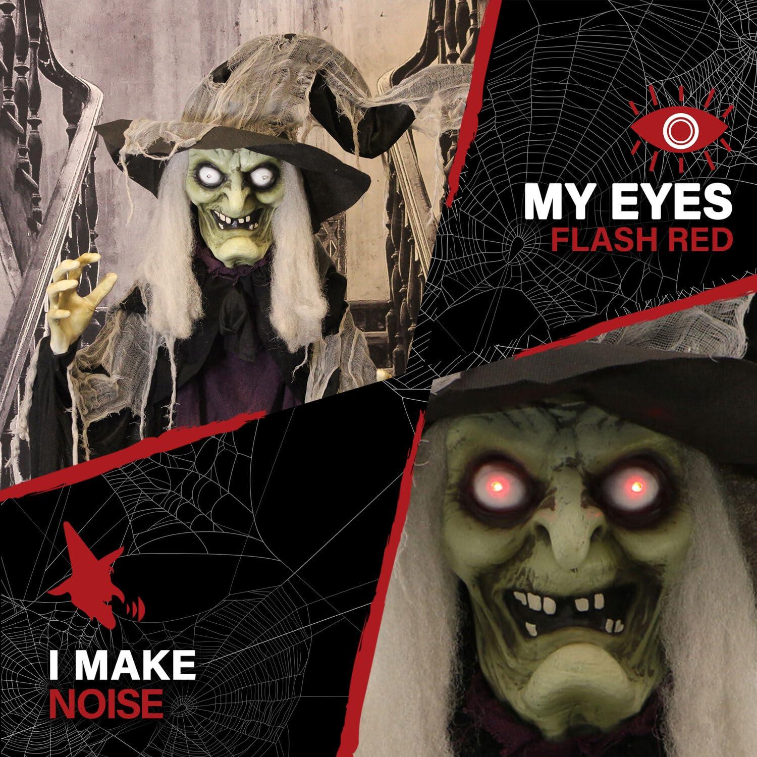 c&g home Life-Size Poseable Witch with Lights and Sound, Indoor/Covered Outdoor Halloween Decoration