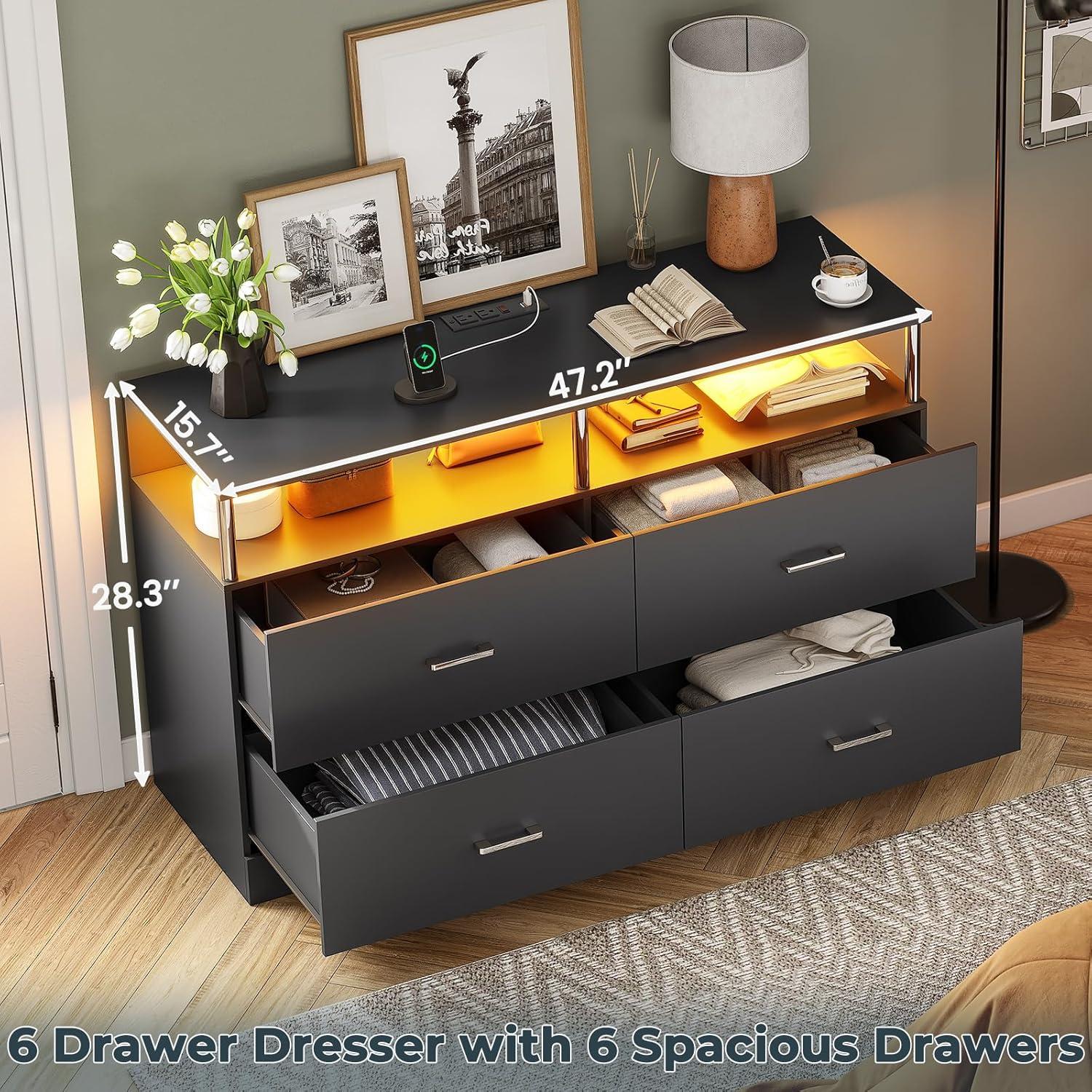 Black Modern LED Dresser with Charging Station and Columns