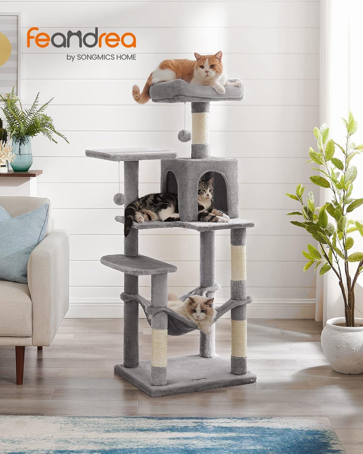 Feandrea 56.3'' Cat Tree Tower for Indoor Cats ,Multi-Level Cat Condo Cat Furniture with Scratching Posts, Perches, Hammock, Cave ,Light Gray