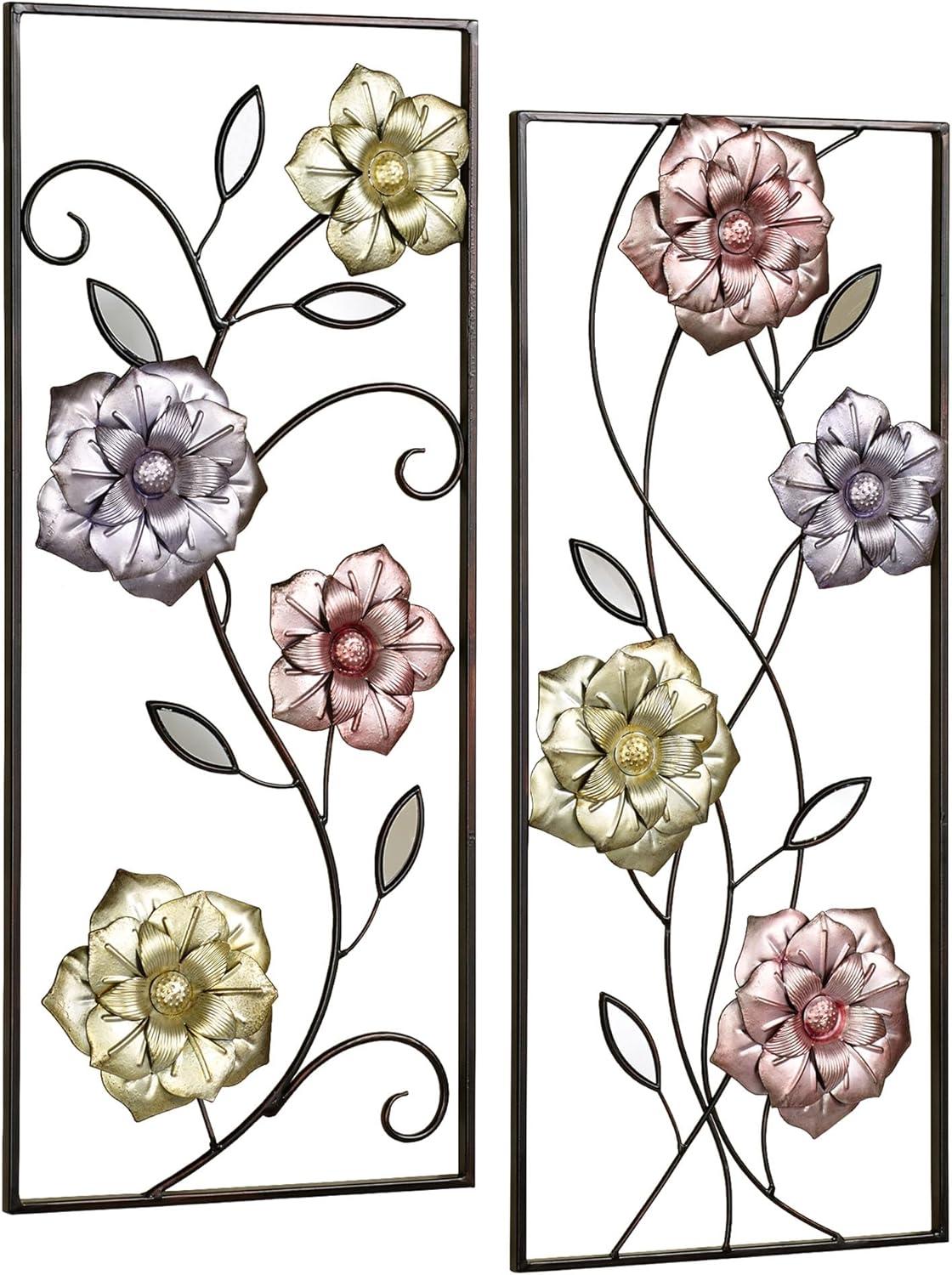 Glorious Summer Floral Rectangular Wall Art Panels with Metallic Accents