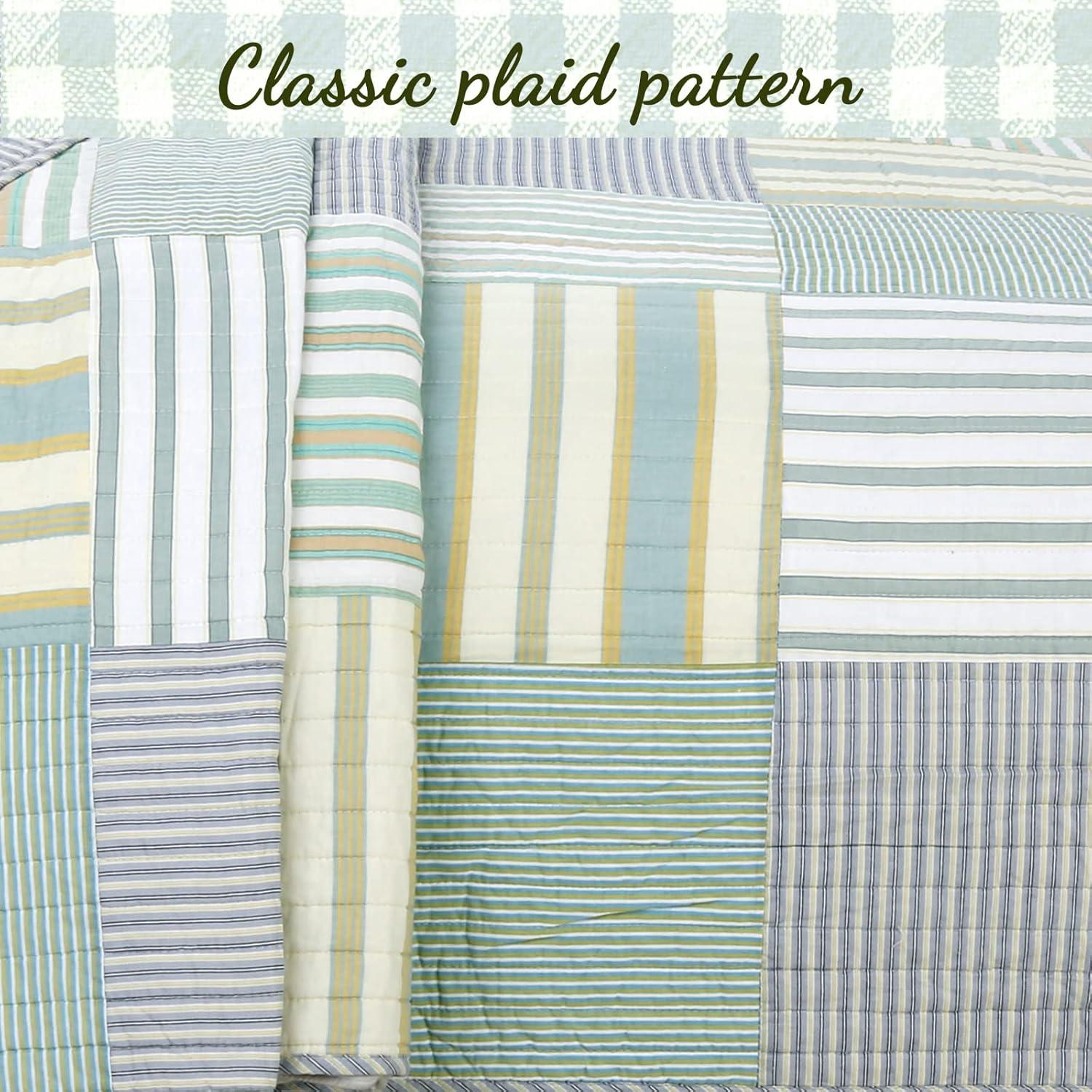 Cozy Line Home Fashions Green Yellow Blue Plaid Striped Real Patchwork 100% Cotton, Reversible Coverlet, Bedspread, Quilt Bedding Set (Green Patchwork, King - 3 Piece)
