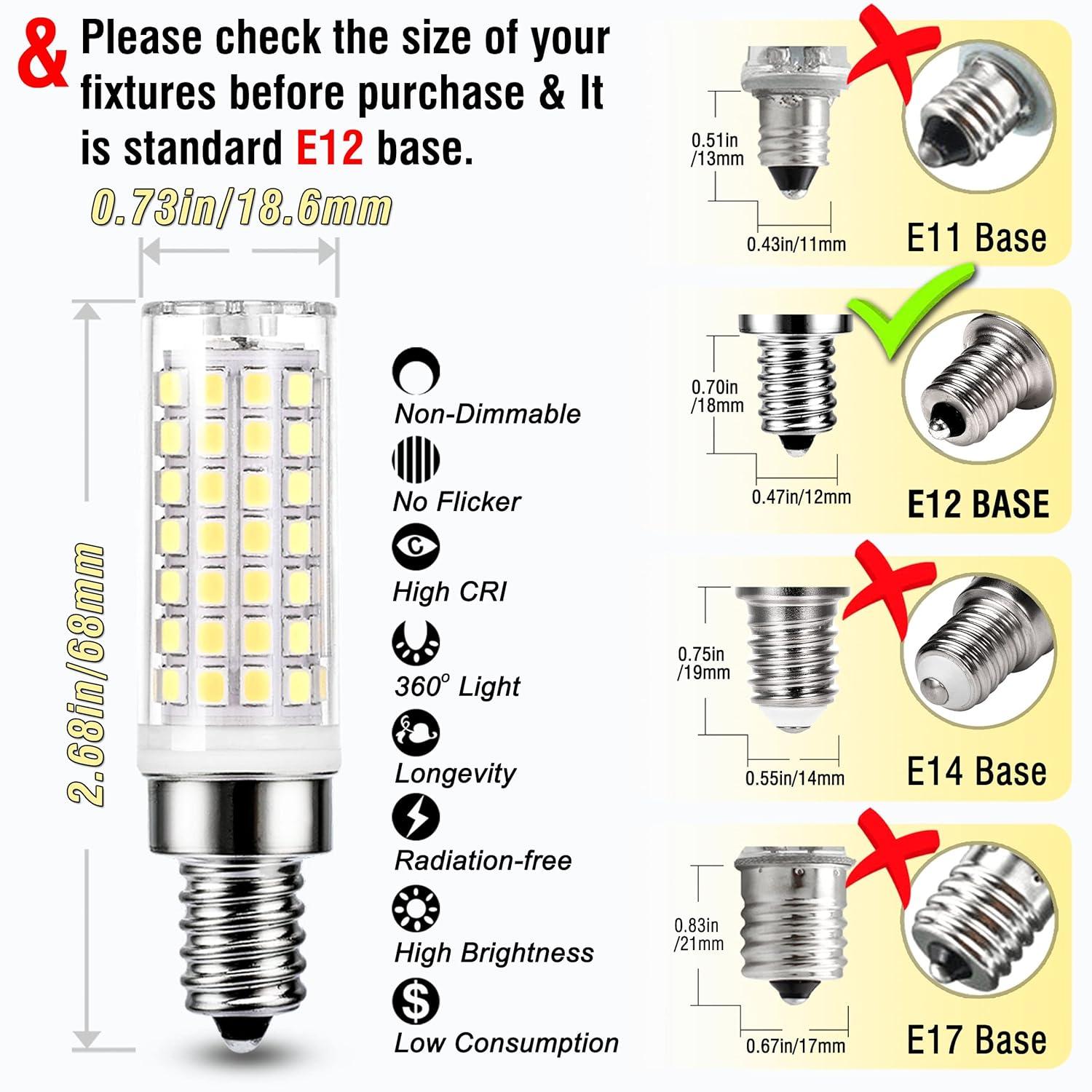 ALIDE E12 75 Watt Replacement LED Candelabra Bulbs C7,6000K Daylight Bright Cool White,800LM T6 7.5W LED E12 Chandelier Light Bulbs for Ceiling Fan Pendant Lighting,Non-dimmable,6 Pack