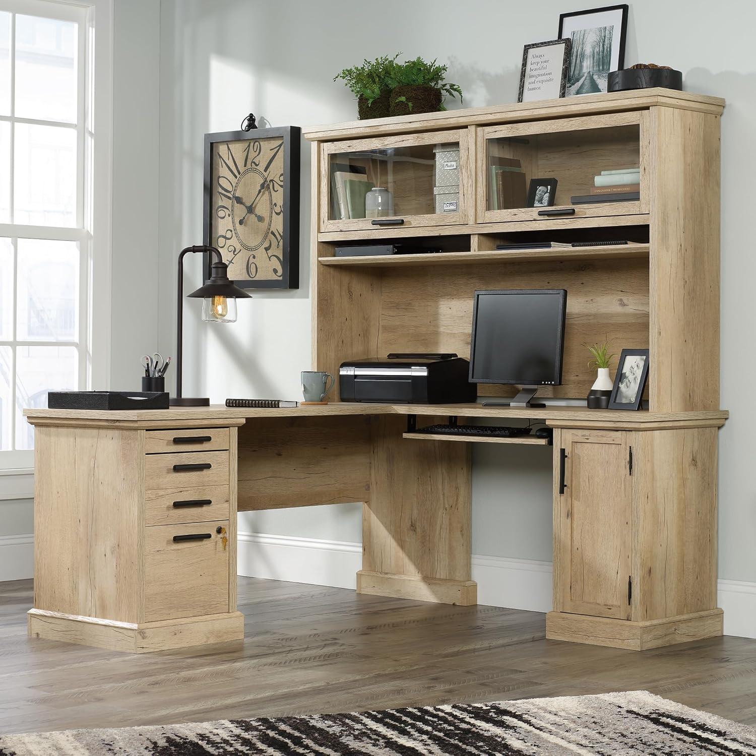 Prime Oak L-Shaped Desk with Hutch and Storage