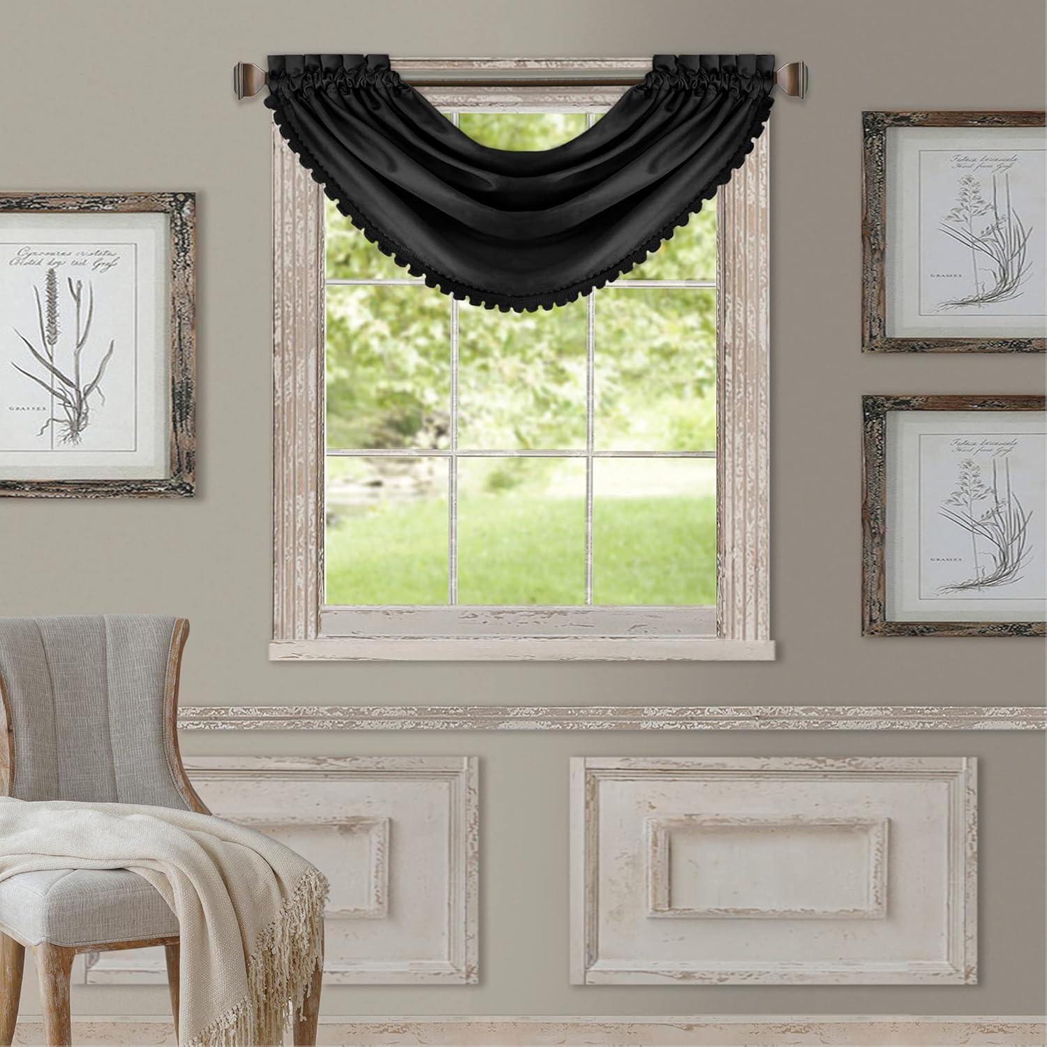 Black Polyester Room-Darkening Waterfall Valance with Scalloped Trim