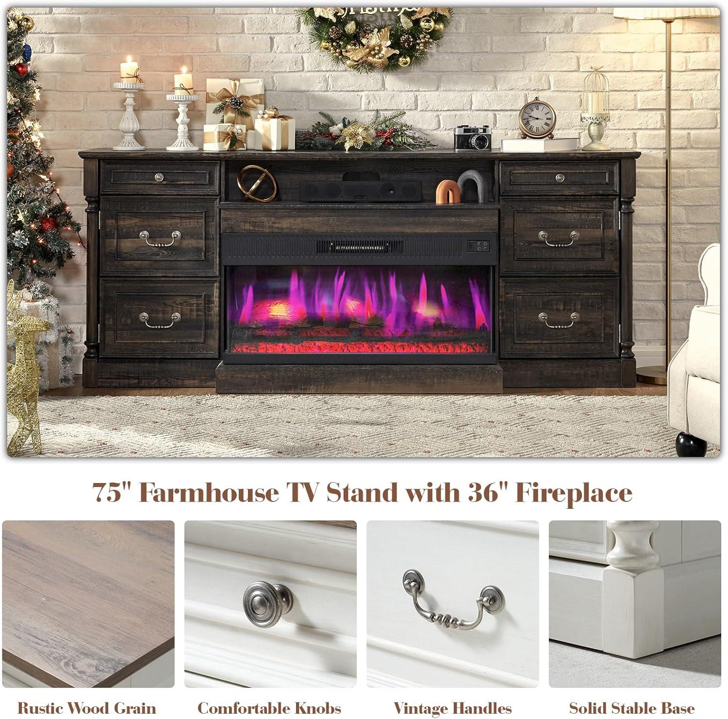 Alvilda 75" Farmhouse TV Stand with 36'' 3-Sided Glass Fireplace, 2 Drawers & Doors Closed Storage