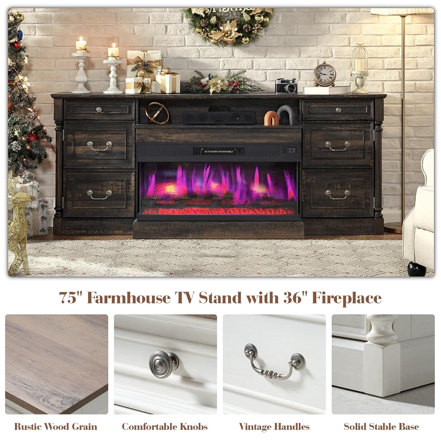 Alvilda 75" Farmhouse TV Stand with 36'' 3-Sided Glass Fireplace, 2 Drawers & Doors Closed Storage