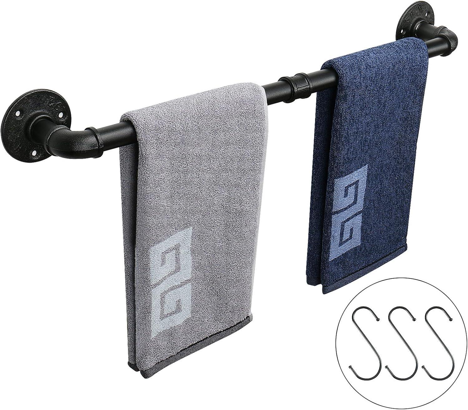 NearMoon Industrial Pipe Towel Bar, Heavy Duty Bathroom Hardware Towel Holder Accessory, Wall Mounted DIY Rustic Iron Bathroom Towel Rack Holder (24 Inch, Black)