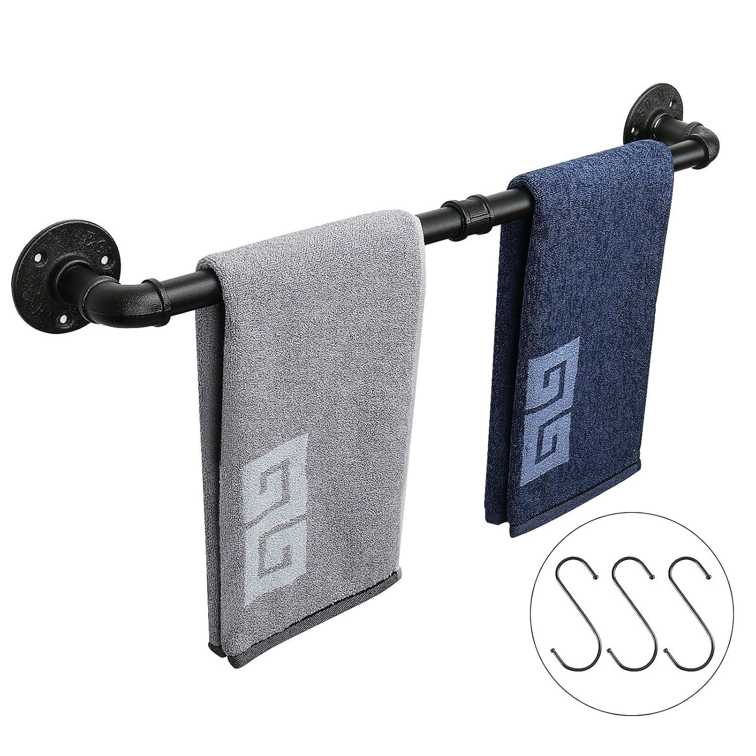 NearMoon Industrial Pipe Towel Bar, Heavy Duty Bathroom Hardware Towel Holder Accessory, Wall Mounted DIY Rustic Iron Bathroom Towel Rack Holder (24 Inch, Black)