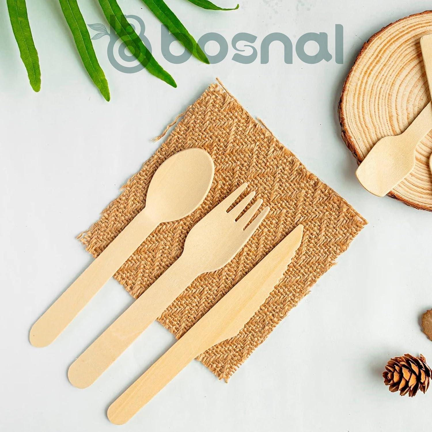 Bosnal Wooden Disposable Forks Knives and Spoons Cutlery Set, 100 Pcs