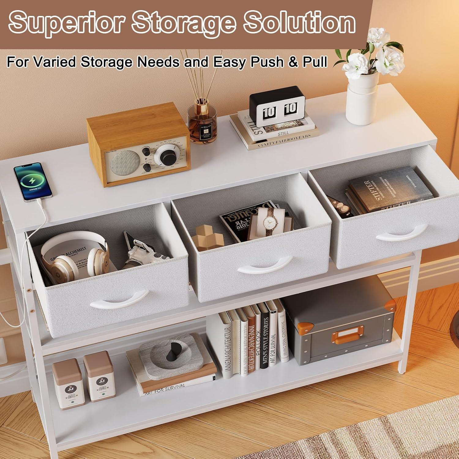 39.5 inch Entryway Table with Power Outlets, Console Table Sofa Table with 3 Drawers and 2-Tier Shelves, Entry Table for Hallway, Foyer, Living Room, White