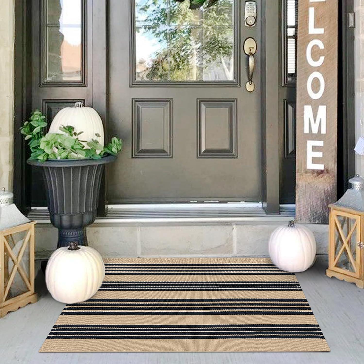 IOHOUZE Navy and White Striped Rug 2'x3' Front Door Rugs, Small Washable Area Rug for Front Porch, Spring Summer Doormats Outdoor Indoor, Cotton Rugs for Entryway Porch Entrance