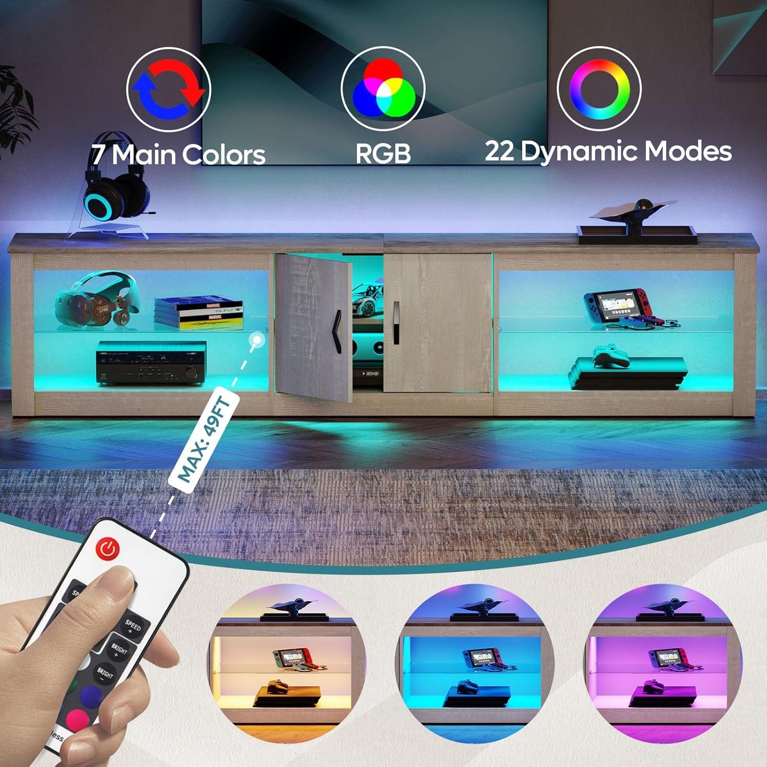 Bestier 80 Inch TV Stand for 75/77/85/86 inch TVs, LED Gaming Entertainment Center for PS5 with Storage Cabinet &Adjustable Glass Shelves, Modern TV Console Table for Living Room Bedroom, Wash White