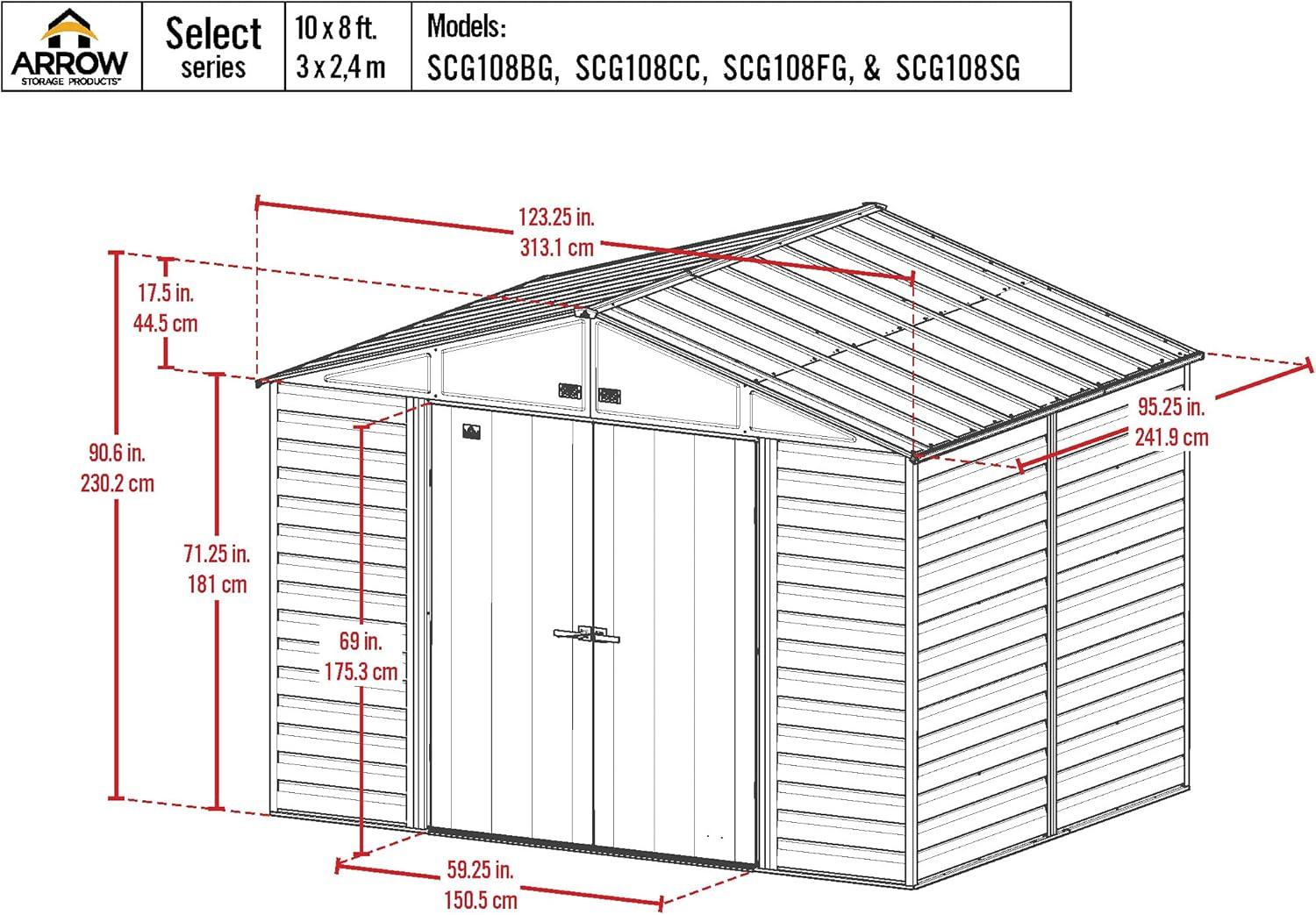 Arrow Select Steel Storage Shed Steel Storage Shed, 10x8, Charcoal