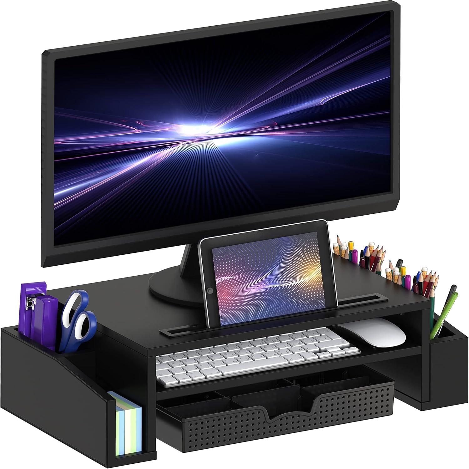 Black Adjustable Desk Monitor Stand Riser with Organizer Tray