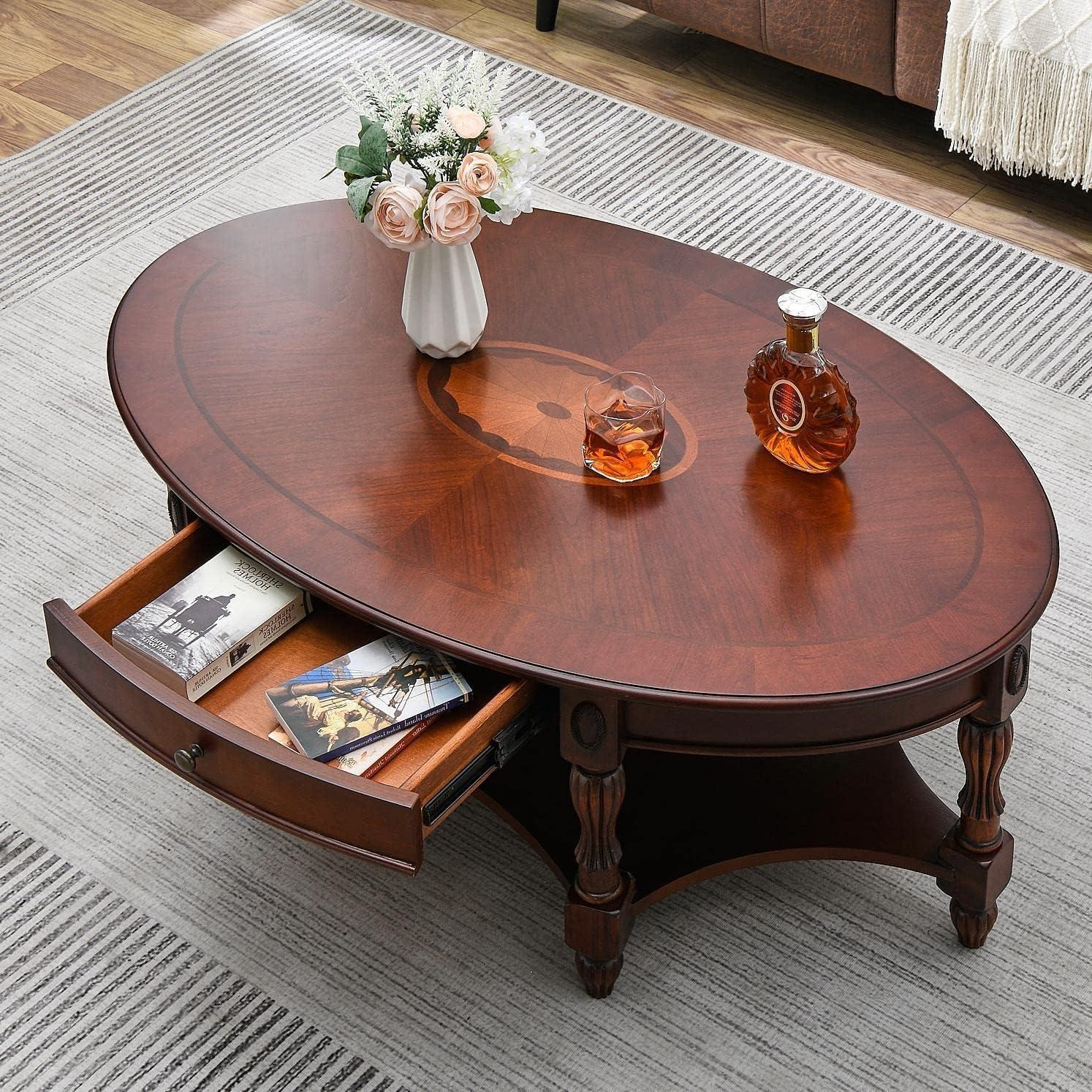 Victorian Cherry Oval Wood Coffee Table with Storage Drawer