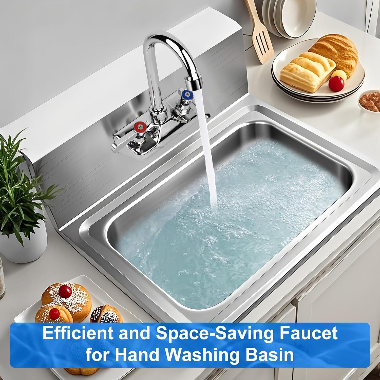 KWODE 4 Inch Center Commercial Hand Sink Faucet with 3-1/2”Gooseneck Spout, Dual Lever Handle Wall Mount Kitchen Sink Faucet, Brass Constructed, Chrome