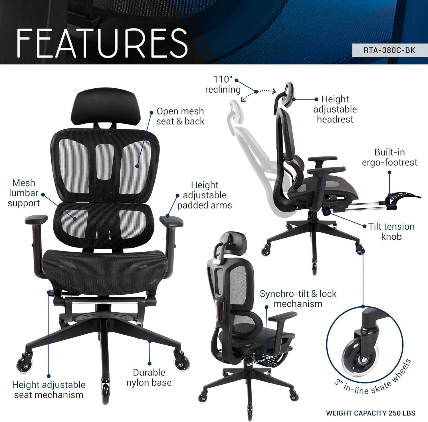 Techni Mobili Ultimate Reclining Ergonomic Mesh Office Chair with Lumbar Support and Footrest RTA-380C-BK