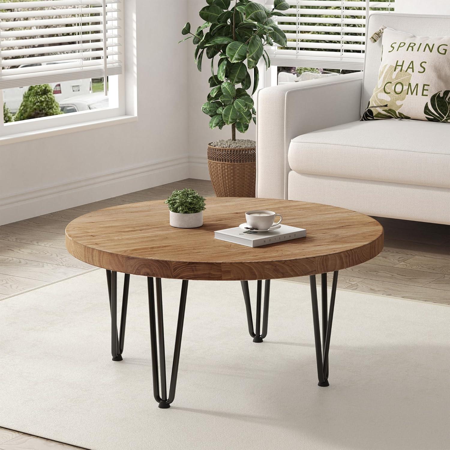 Natural Elm Wood Round Coffee Table with Black Metal Legs