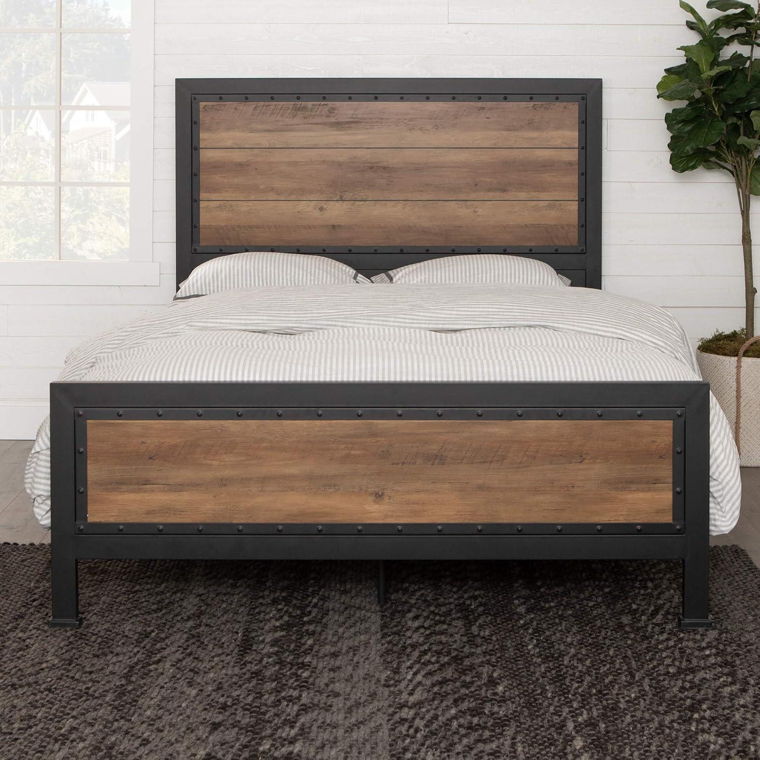 Rustic Oak Queen Bed with Metal Frame and Wood Headboard