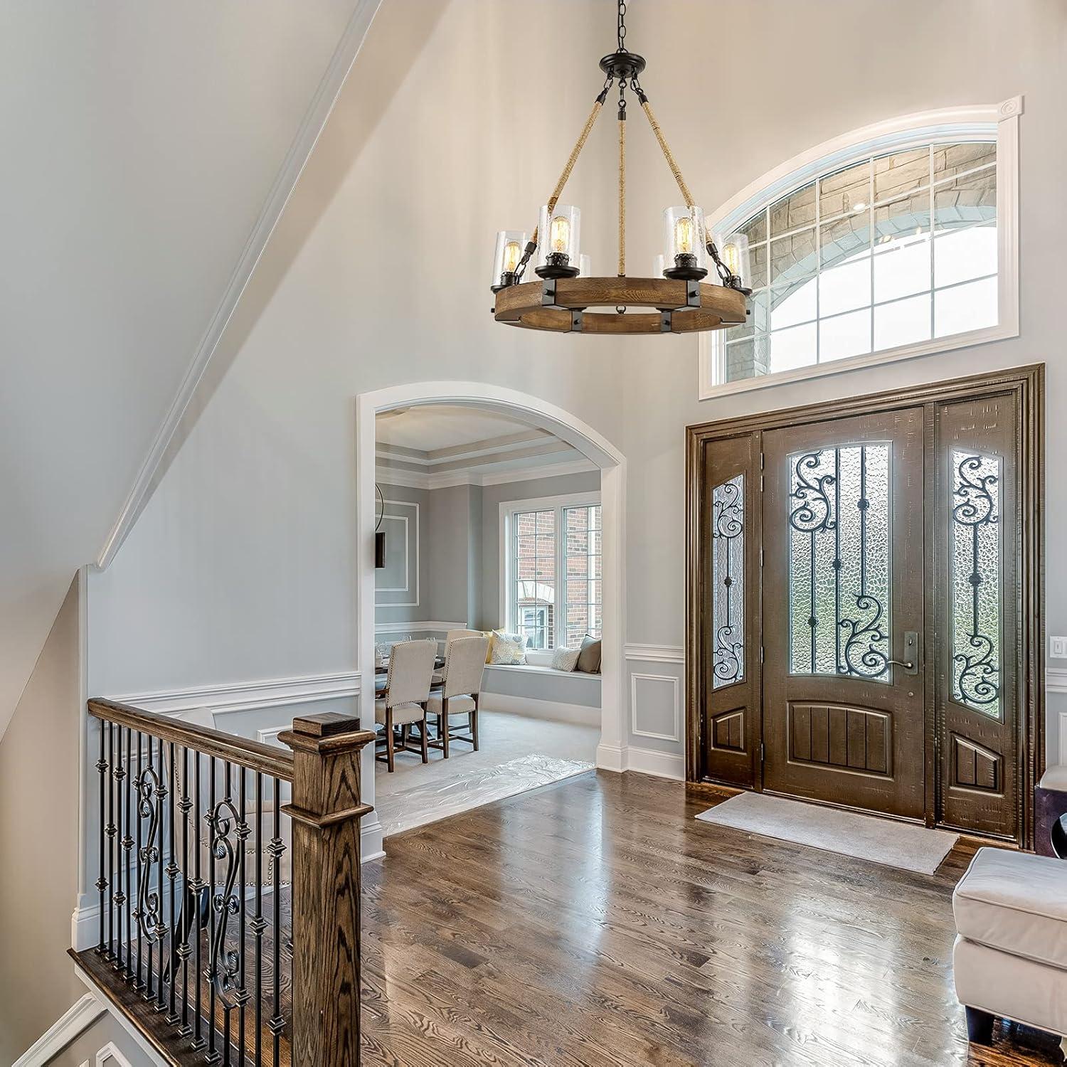 Farmhouse Chandeliers for Dining Rooms,6-Lights 25 Wagon Wheel Chandelier,Hemp Rope Wood Chandelier with Seeded Glass Shade